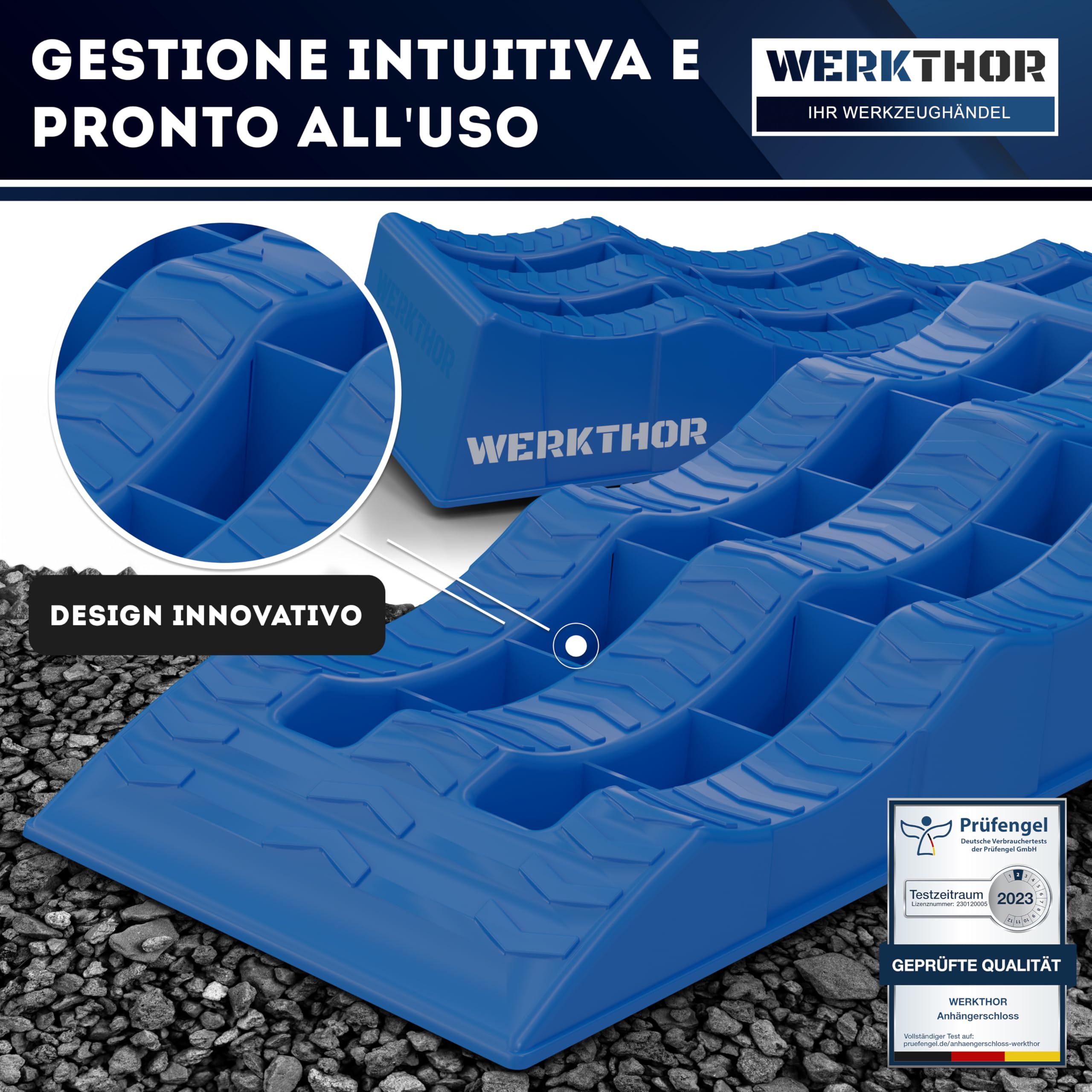 WERKTHOR Cunei per Camper (Blu) - [Set di 2] Cunei Stabili per Caravan e Camper | Cunei per Camper per un Livellamento Sicuro [<3t] - Design Robusto per Qualsiasi Superficie