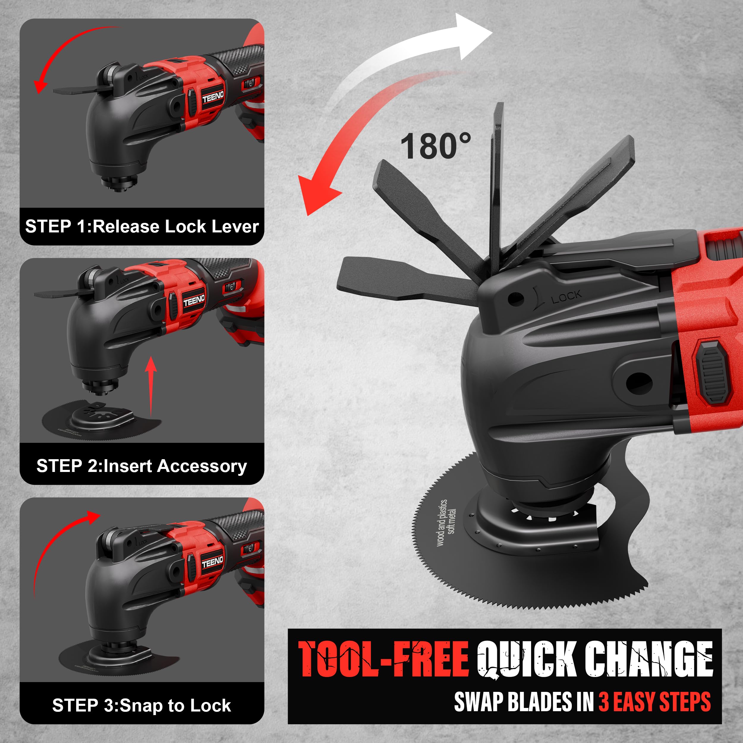 TEENO Outil Multifonction Oscillant Sans Fil 20V, Brushless Outil Multifonction Sans Fil, 6 Vitesses Variables, 8500-21000 tr/min, Chargeur, Angle Oscillant 4°, Pour Racler, Polir, Couper