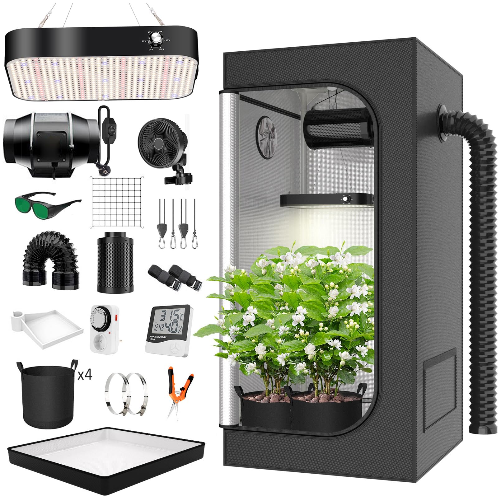 Juego Completo de Tienda de Cultivo LED, lámpara de Cultivo de Espectro Completo LED de 200 W, Regulable, 120x120x200cm, Kit Completo de Tienda de Cultivo hidropónico
