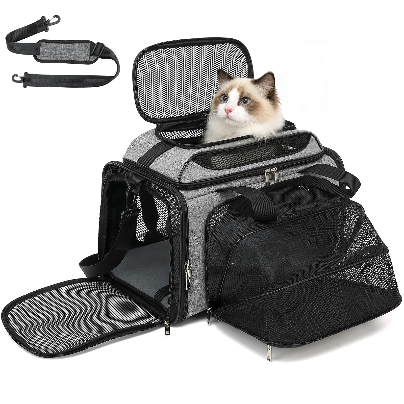 Soft-Sided Small Cat/Dog/Pet Carrier, Collapsible Top and Side Expandable Pet Travel Carrier, with Shoulder Strap & Removable Mat, Mesh Puppy Carry Bag, TSA Airline Approved