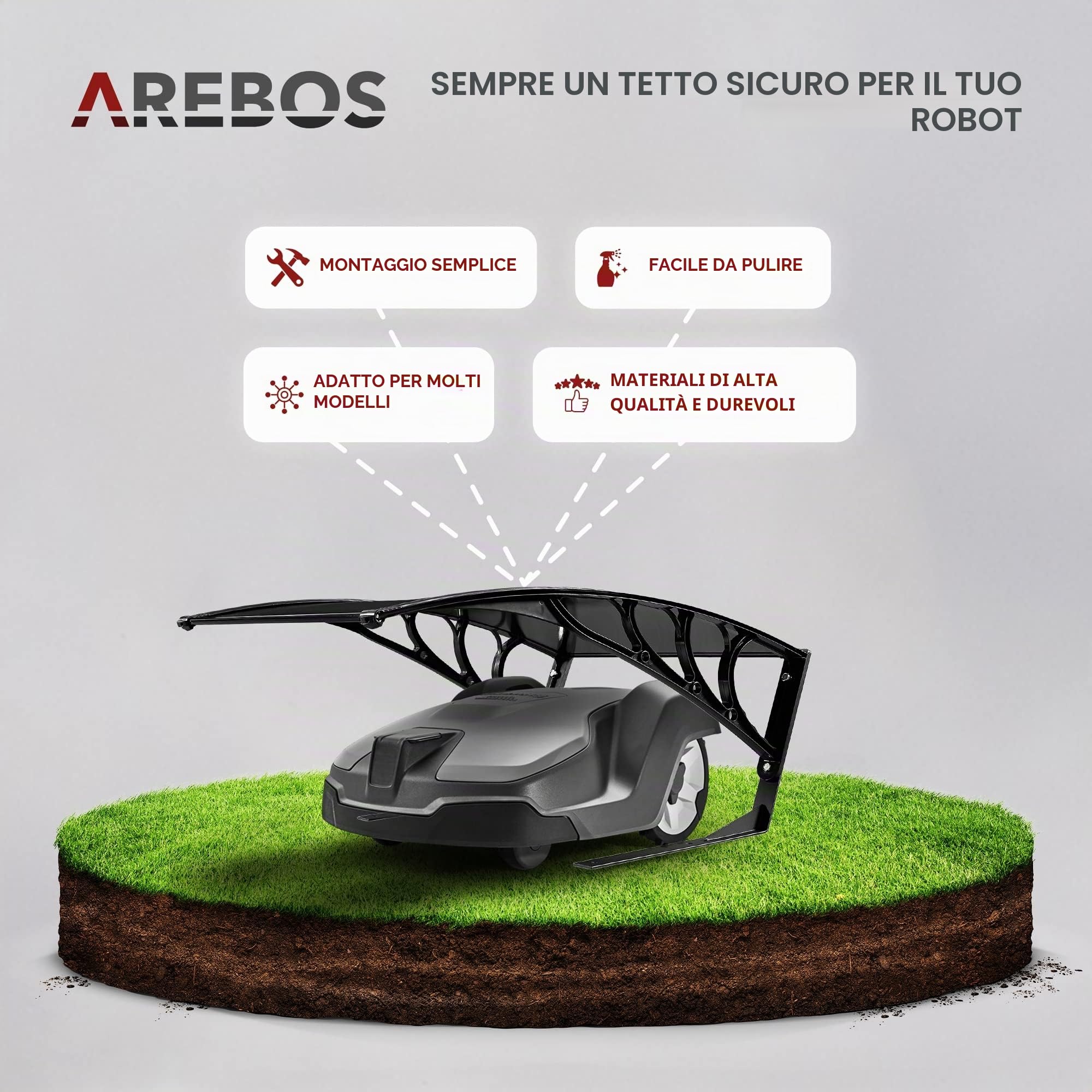 Arebos Garage per Rasaerba Robotizzato | 102 x 79 x 46 cm | resistente alle intemperie + protezione UV | con piedini in metallo | tettuccio per tosaerba