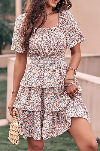 Miniatura 5 de PRETTYGARDEN Vestido corto de verano floral para mujer cuello cuadrado manga corta escalonado con volantes bohemio con vuelo