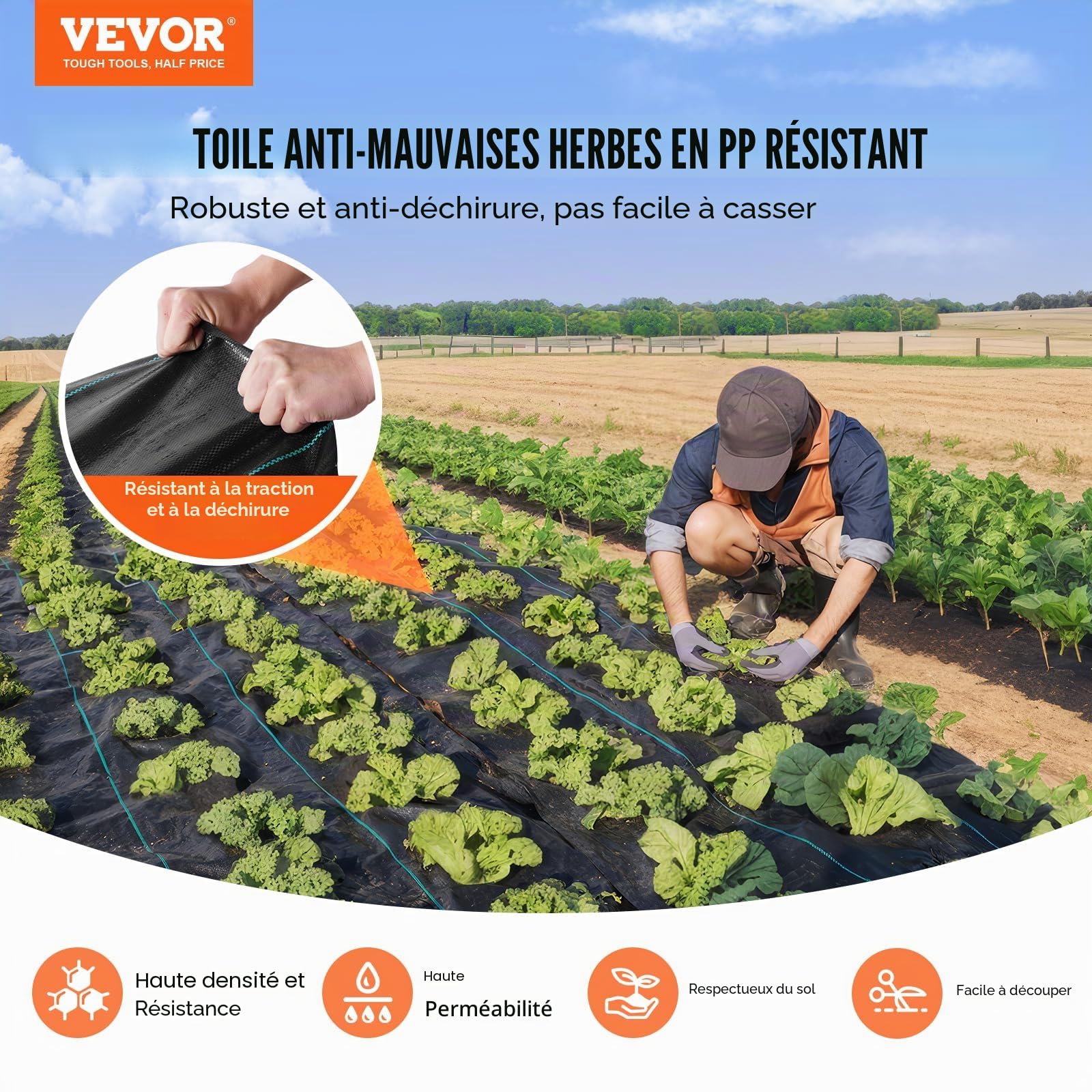 VEVOR Toile de Paillage Anti-Mauvaises Herbes 4x18,3 m Géotextile Tissé Anti Repousse Herbe Sous Gravier 170 g/m² Toile PP Perméable Résistant à Déchirure pour Aménagement Paysager, Couvre-sol, Noir