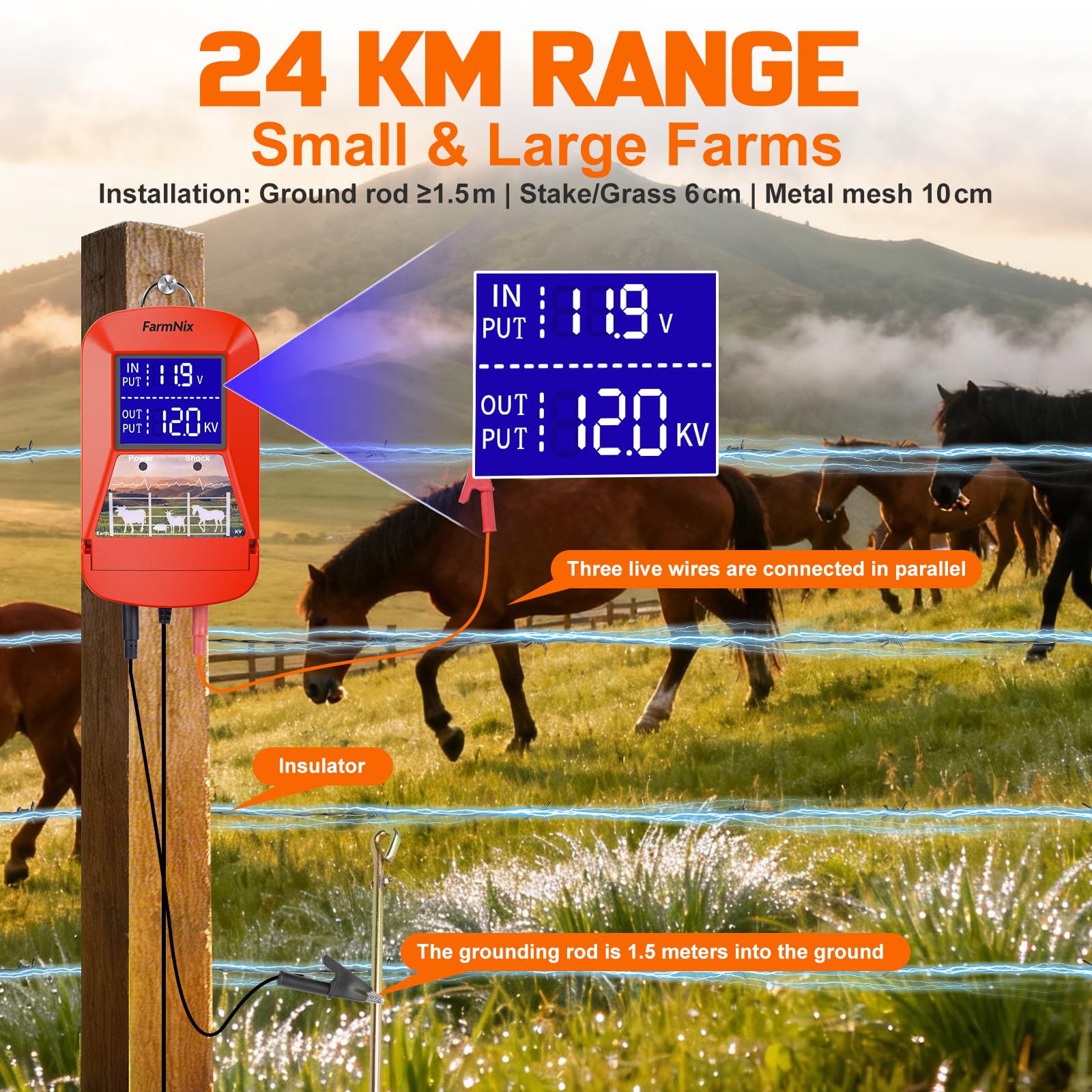 Energizador de Cercas Eléctricas 12V con Pantalla LED, Cerca Eléctrica 3J 230V para 24 KM, Alimentación Múltiple (Red/Batería/Solar), Cargador de Cercas para Ganado, Caballos y Granjas
