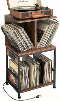 Record Player Stand with Vinyl Storage, Large Record Table Holds 180 Albums, Vinyl Record Storage Stand with USB Charger, Multi-Functional Side Table & Shelf for Living Room Bedroom