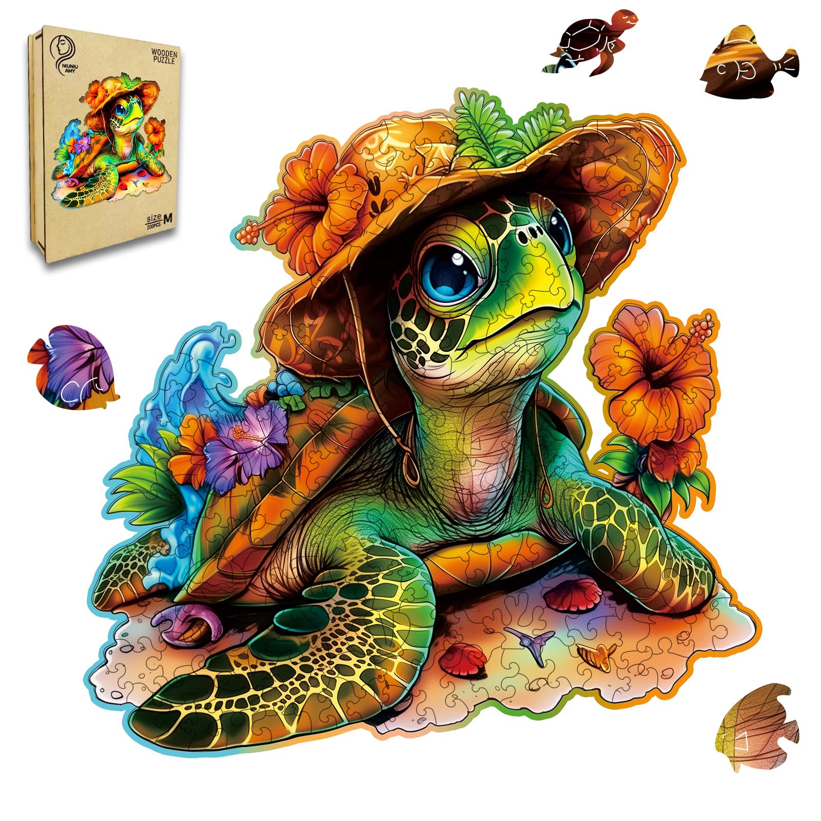 Wooden Jigsaw Puzzles,Vacation Sea Turtle Wooden Puzzles 200 Piece,Perfect for Family Game,Unique Shape Puzzles for Adults 11 x 11 Inch
