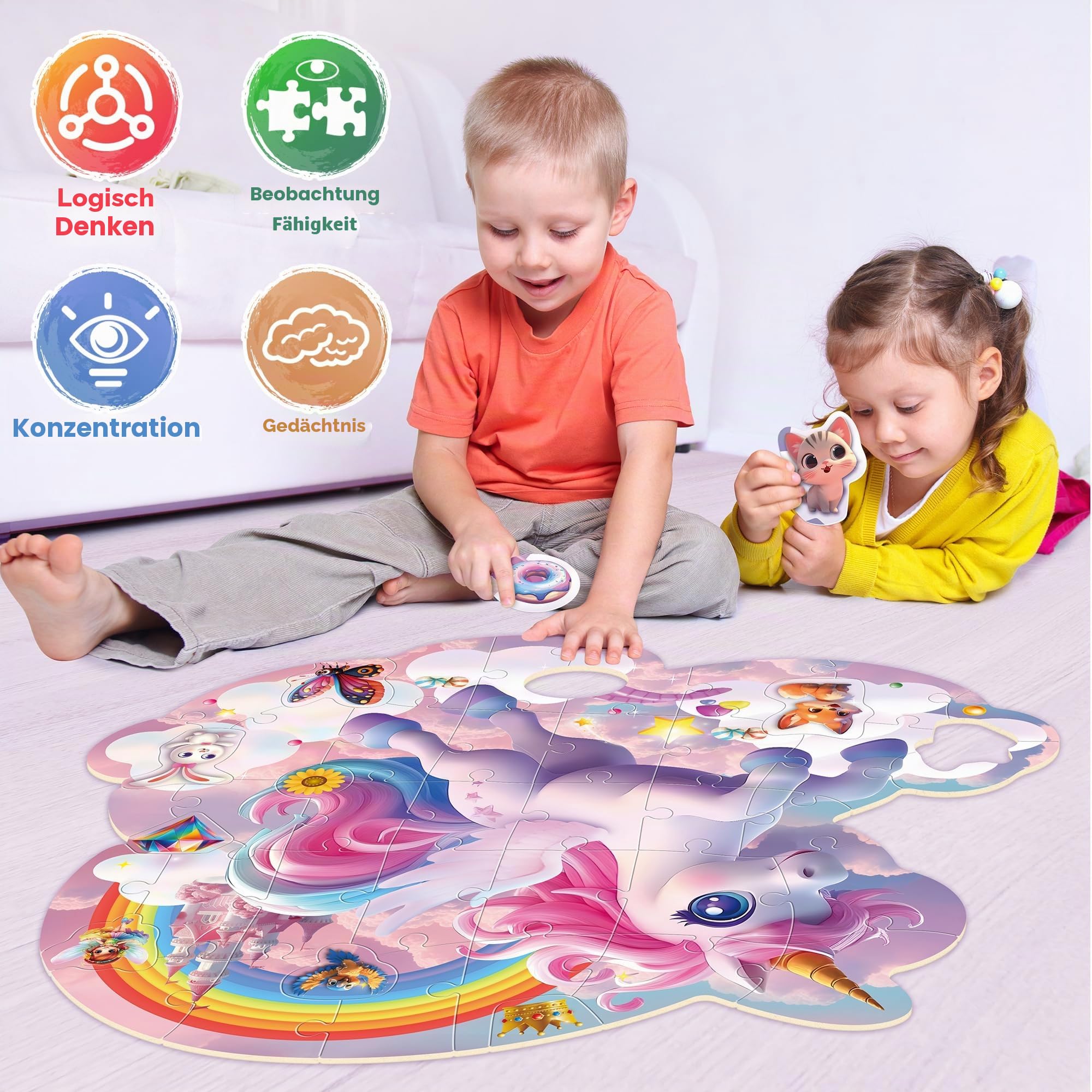 SYNARRY Einhorn Puzzle Kinder ab 3 4 5 6 7 8 Jahre, 45 Teilige Großes Bodenpuzzle für Kinder, Einhorn Spielzeug Geschenke für Mädchen