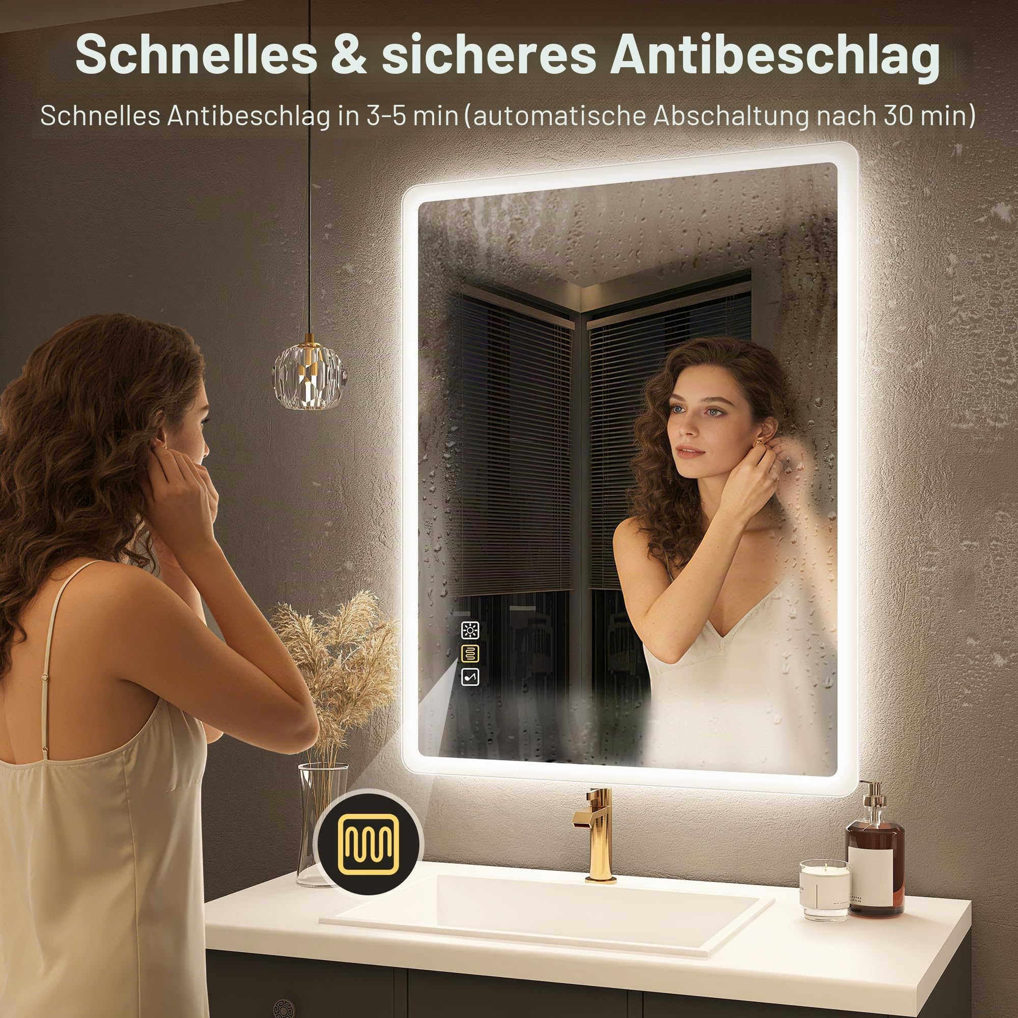 STARLEAD Bluetooth Badezimmerspiegel-mit-Beleuchtung 80x60cm, Dimmbar, 3 Lichtfarben, LED-Spiegel-Bad mit Entfoggen, Speicherfunktion, IP44 Hartglas Bad-Spiegel-mit-Licht, Horizontal/Vertikal