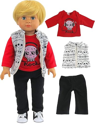 American Fashion World Conjunto de chaleco y pantalones de calavera para niños de 3 piezas para muñecas de 18 pulgadas | Calidad premium y diseño