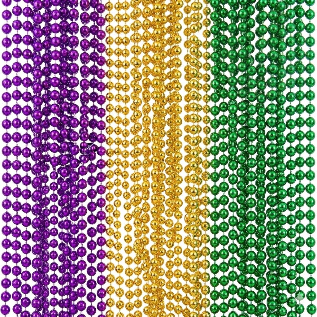 Oojami 144-Piece Bulk Mardi Gras Beads (12 Dozen) – 33" Round 7mm Metallic Necklaces – Gold, Green & Purple Party Favors for Parade Throws, Carnival & Masquerade