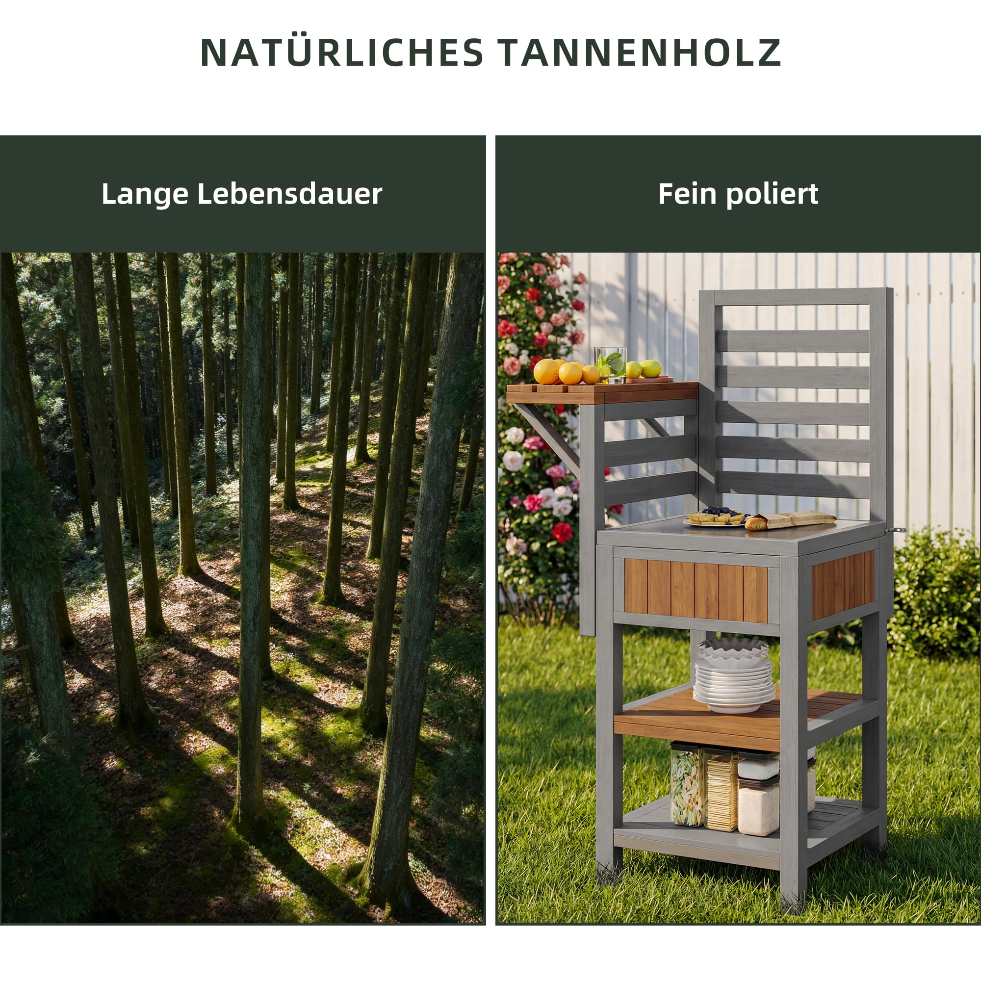 Szafka ogrodowa z litego drewna z blatem roboczym ze stali nierdzewnej – odporna na warunki atmosferyczne, zewnętrzna szafka kuchenna na balkon i taras, stacja grillowa z podwójną półką i