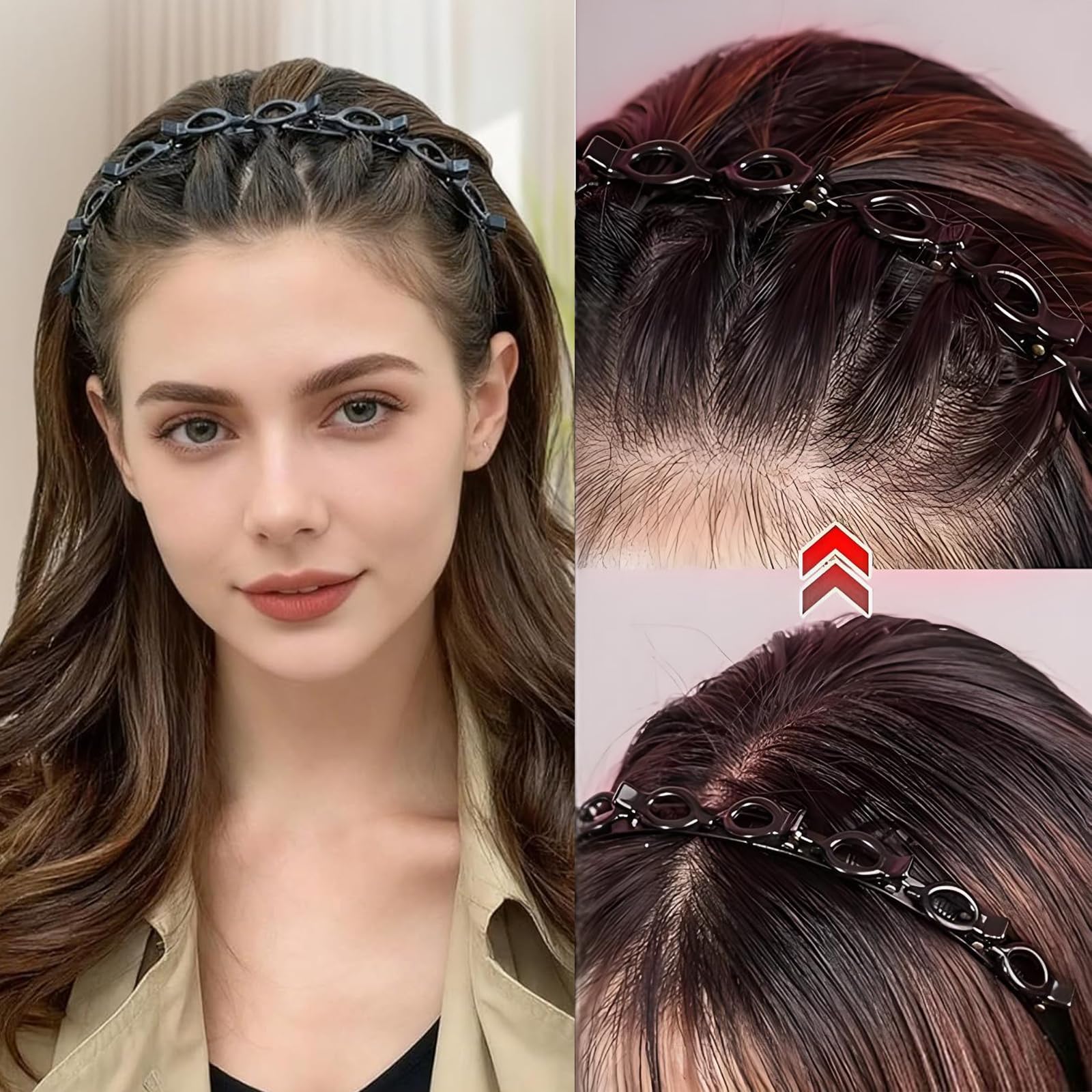 2 Cerchietti per Capelli con Fermagli, Forcina per Capelli a Doppia Frangia, Cerchietto con Clip a Forcina, Fermagli per Capello Intrecciati