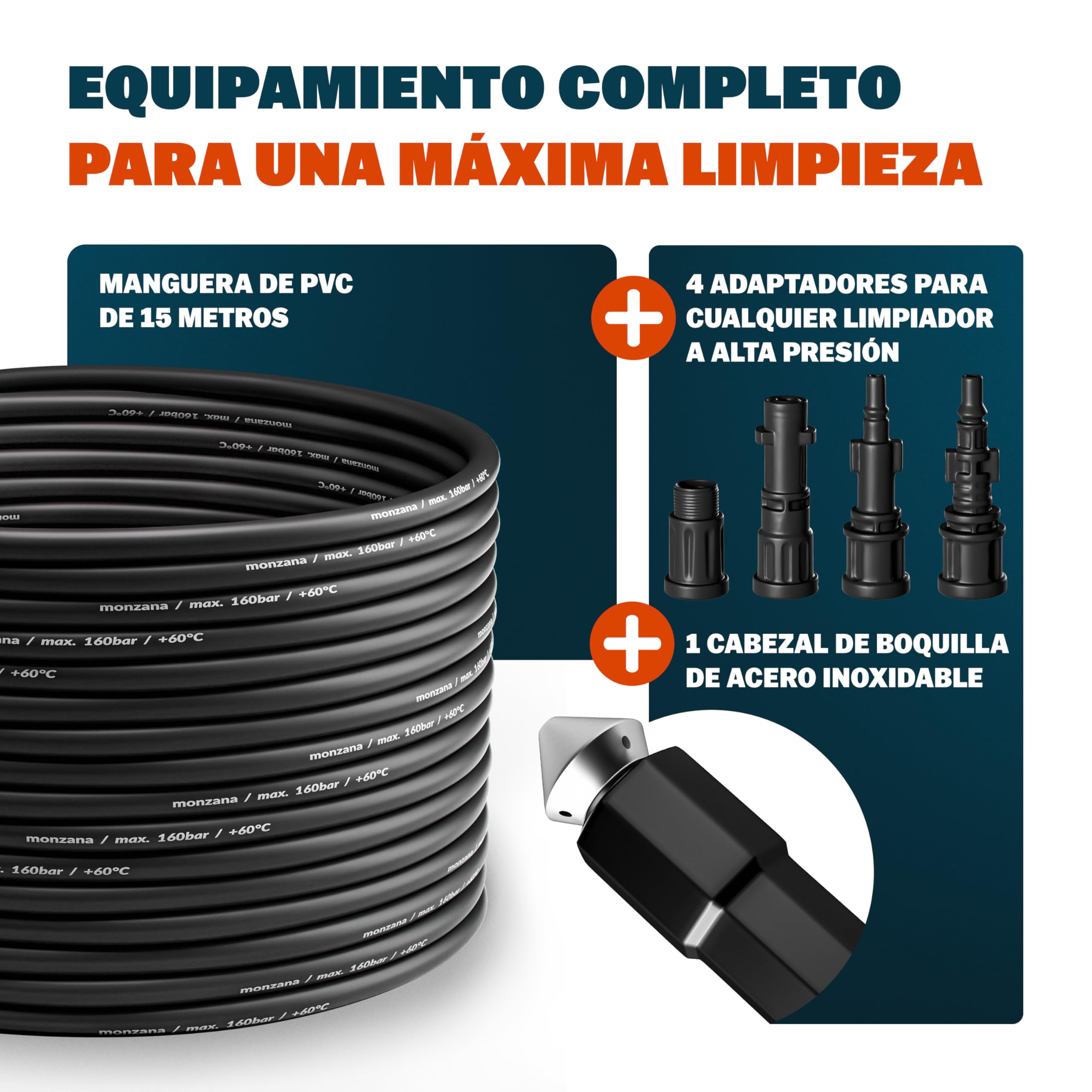 DEUBA® Desatascador Tuberias a Presion 15m, Compatible Karcher K2-K7 Bosch, Kit Manguera Limpieza, 160Bar, 4 Adaptadores, Desague Fregadero Herramientas Fontaneria, Limpiadoras a Presión