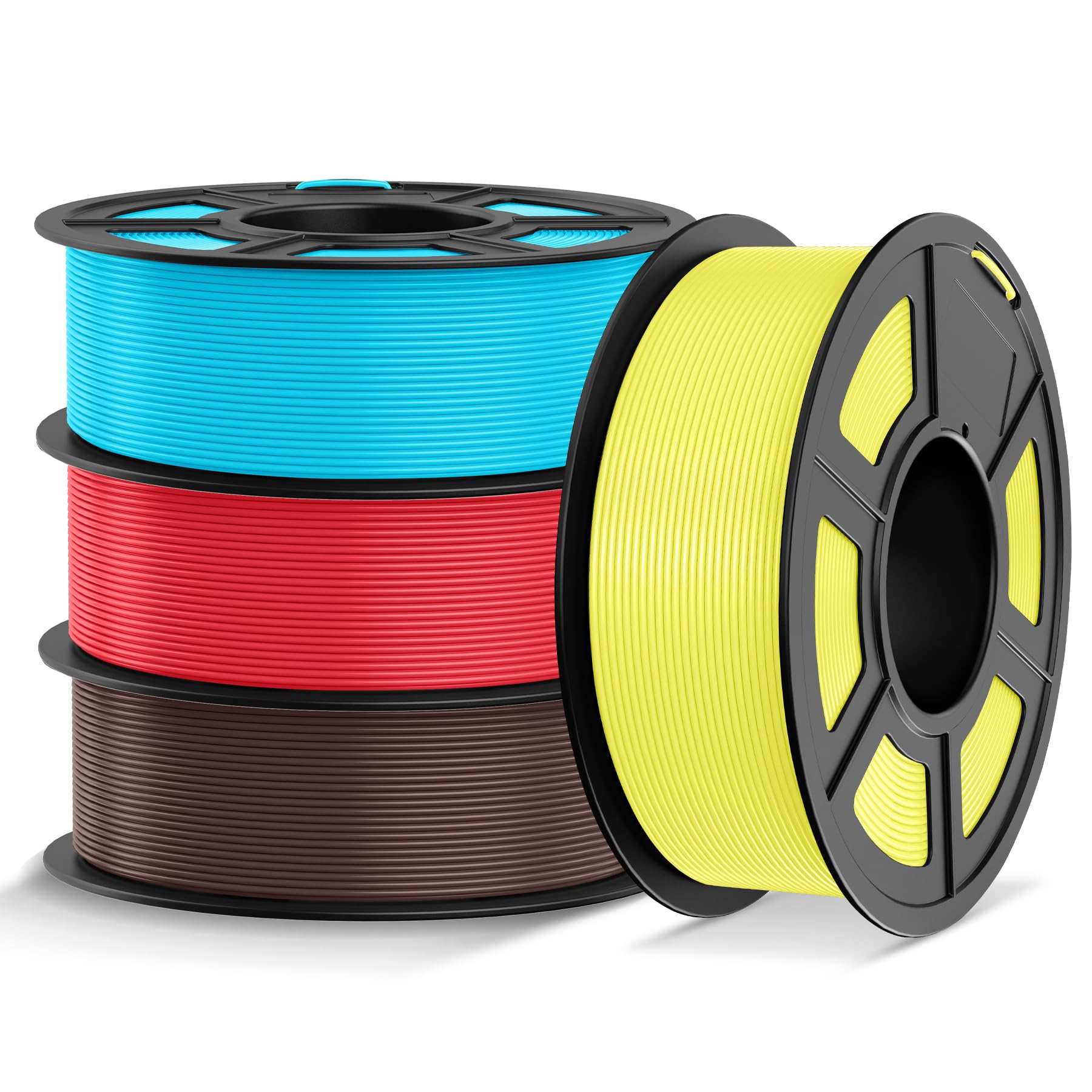 TECBEARS PLA+ Filament 1.75mm 4KG Himmelblau+Schokolade+Gelb+Rot | Verstärkt Zähigkeit PLA Plus 3D Drucker Filament, 0-300mm/s, 4 Spulen, 1kg pro Spule, +/- 0,02 mm