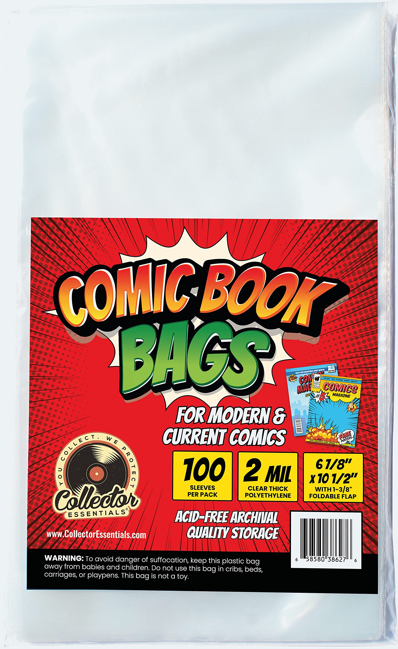 COLLECTOR ESSENTIALS YOU COLLECT, WE PROTECT 100 Clear Polyethylene Comic Book Sleeves - 6 1/8 x 10 1/2 inches, Modern, Acid-Free, Made in USA