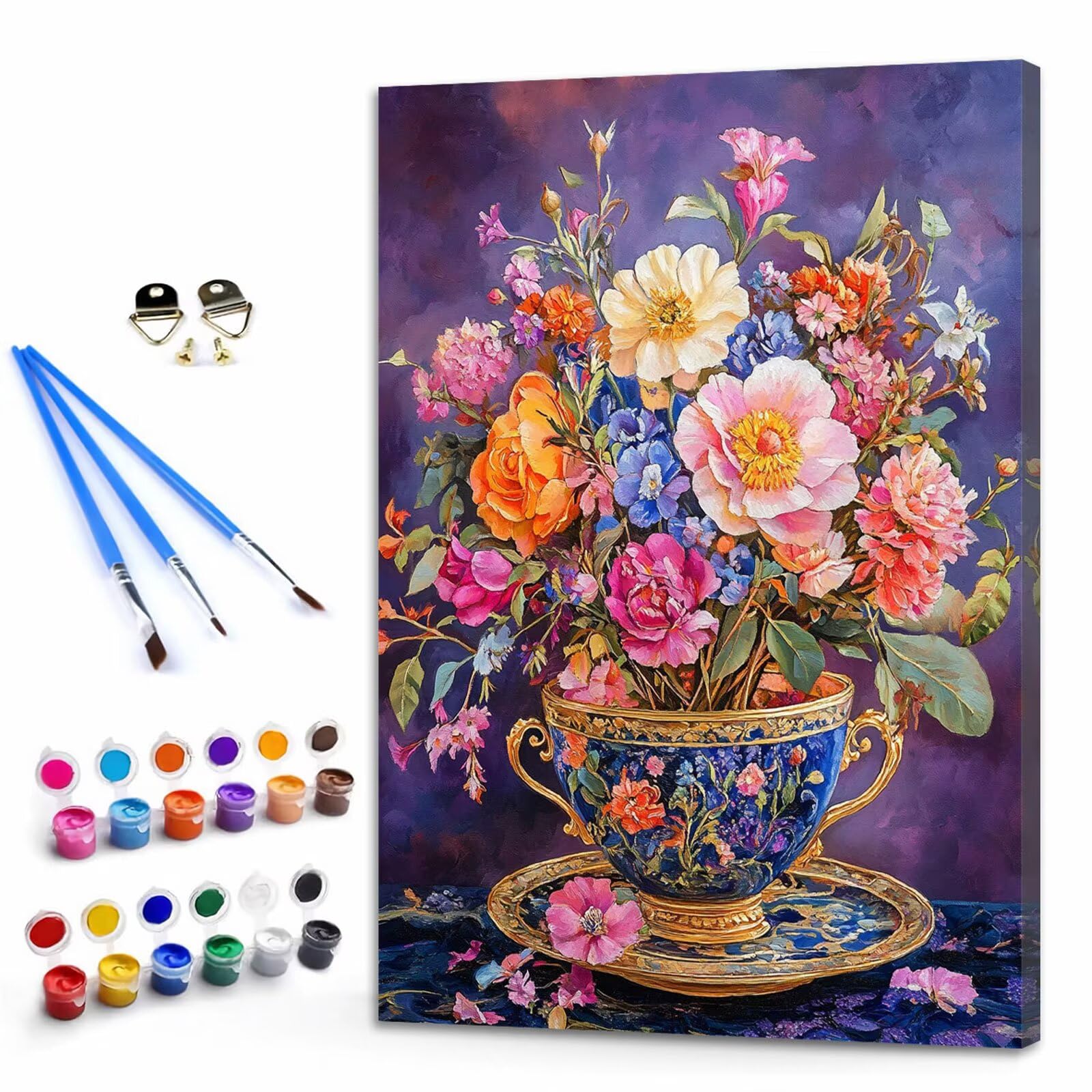 Dipingere con i Numeri Adulti Fiore Dipingere con i Numeri Tazza Paint by Numbers Hobby Creativi Adulti Fai Da Te Tela di Pittura a Olio Kit, Decorazioni Donna Regalo 60x80cm Senza Cornice Y3-681