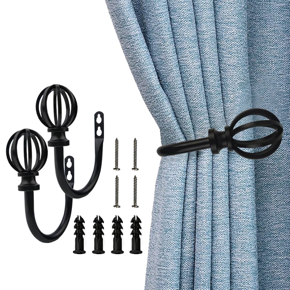 XxinXrongMetal Curtain Holdbacks, 2 Pcs Curtain Drapery Holdbacks, Curtain Tieback Hooks, Wall Mounted Window Curtain Holder Hooks, Drapery Holdbacks For Fixed Curtain Or Hanging Items (black