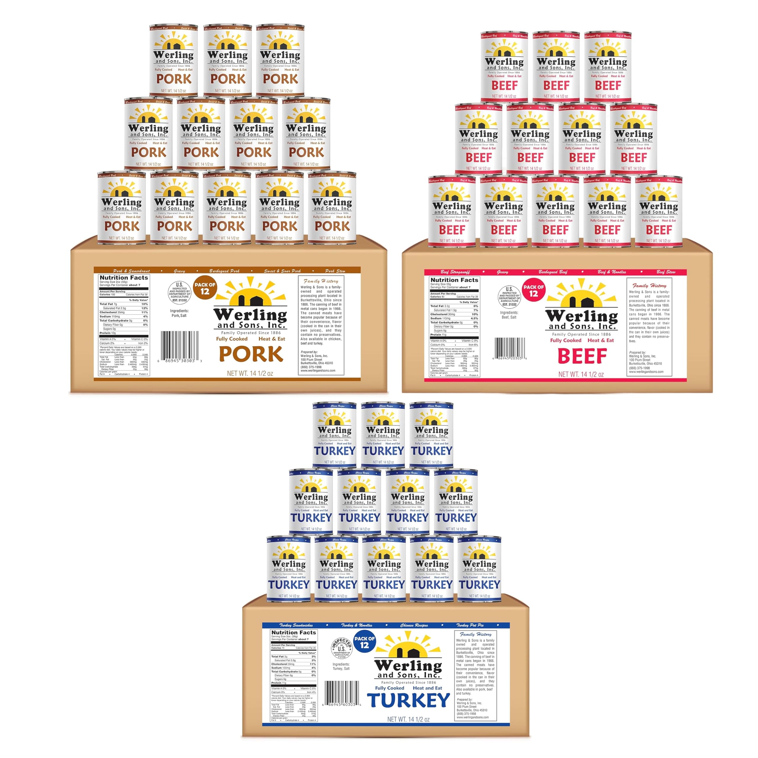 Werling Canned Meat Variety Bundle – Turkey, Beef & Pork (14.5 oz, 12-Pack Each) – Fully Cooked, Heat & Eat, Shelf Stable up to 5 Years, Pantry Staple for Everyday Meals & Camping