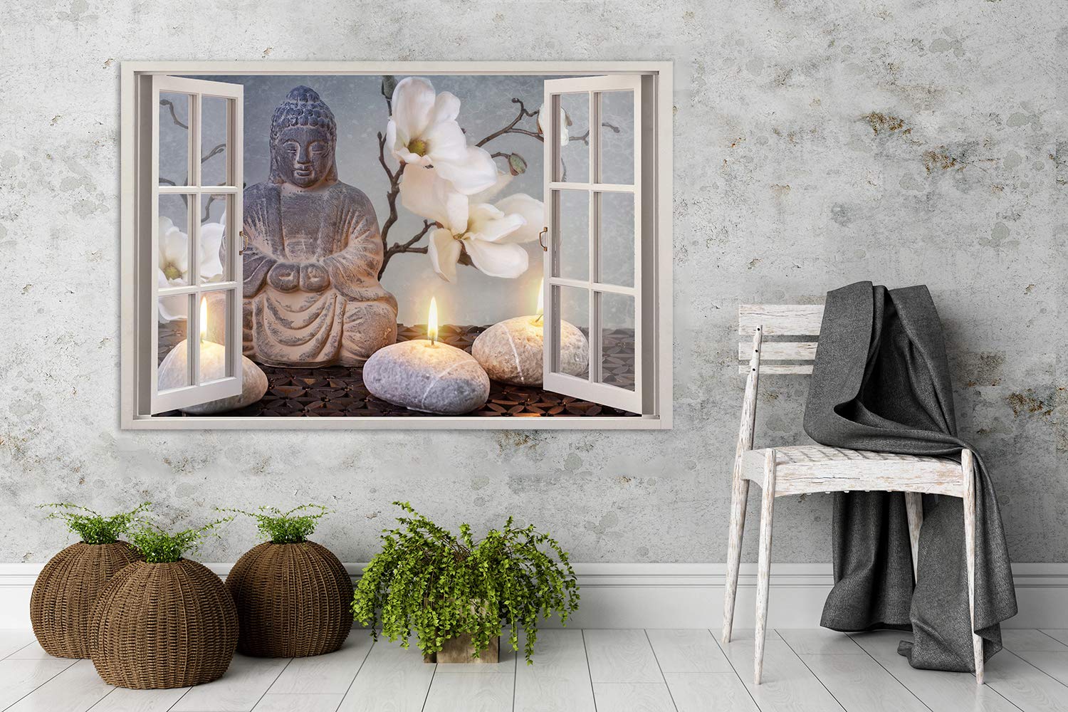 Feeby Obraz Dekoracyjny Iluzja 3d Okno 120x80 cm 1 cześciowy obraz scienny XXL Nowoczesna dekoracja do Salonu Kuchni Pokoju Budda Zen SPA Szary