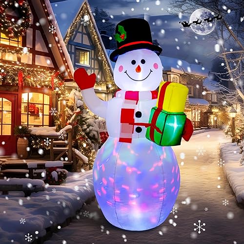 COOLWUFAN Muñeco de nieve inflable de Navidad de 5 pies con caja de regalo, decoración de patio inflable con luces LED giratorias coloridas
