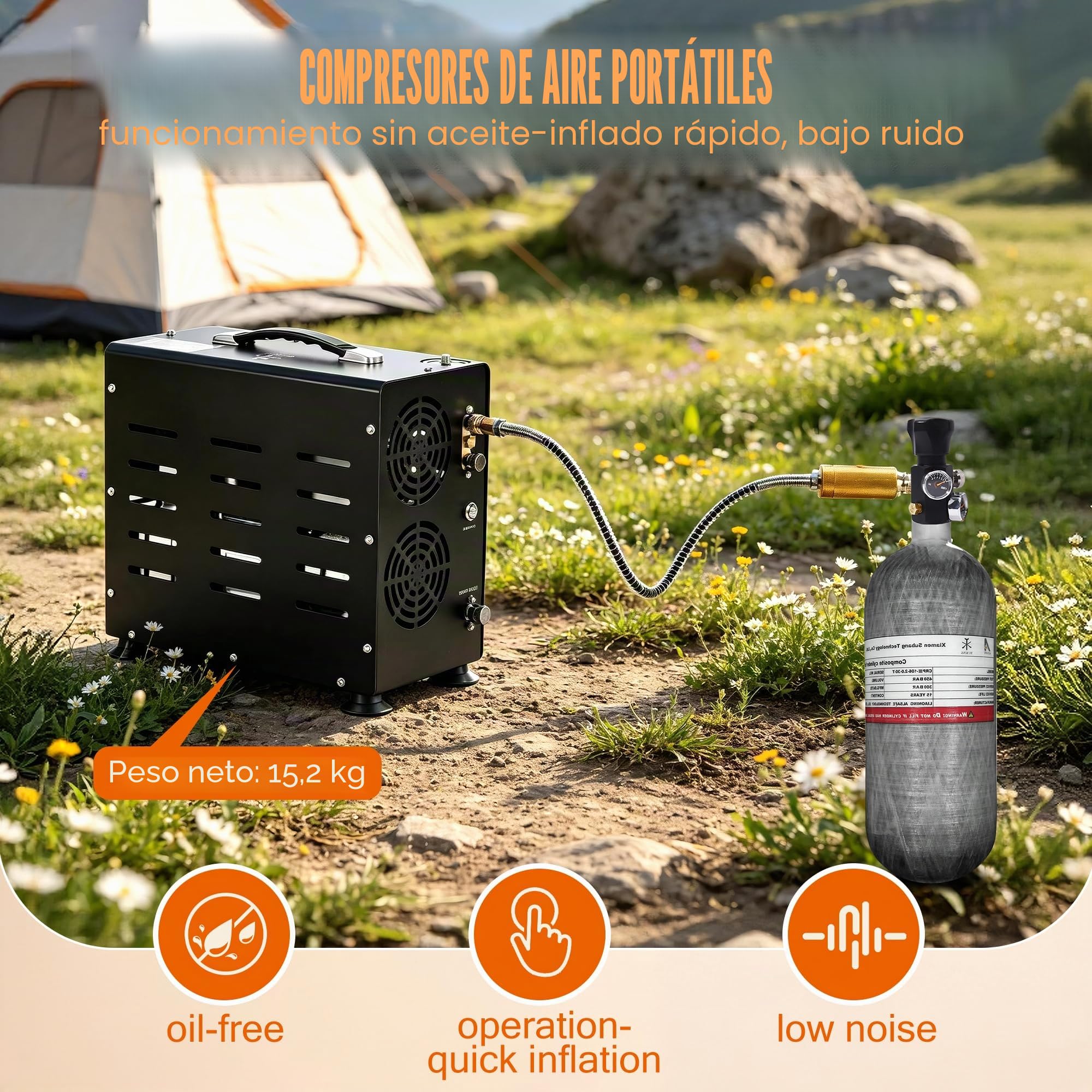 TUXING Compresor de Aire PCP, 4500 PSI/30 MPa Compresor Portátil de Rifle de Aire PCP de Doble Cilindro de 800 W, Parada Automática | Bomba Compresora con Sistema de Refrigeración por Ventilador