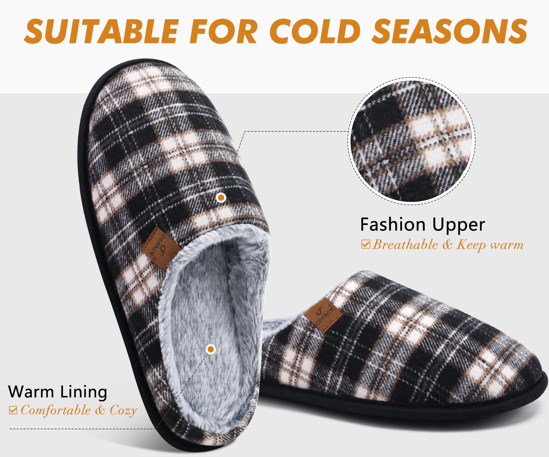 COFACE Pantofole da Uomo Invernali Plaid, Comoda Memory Foam Calde Scarpe da Casa in Lana con Suola Antiscivolo 40-49