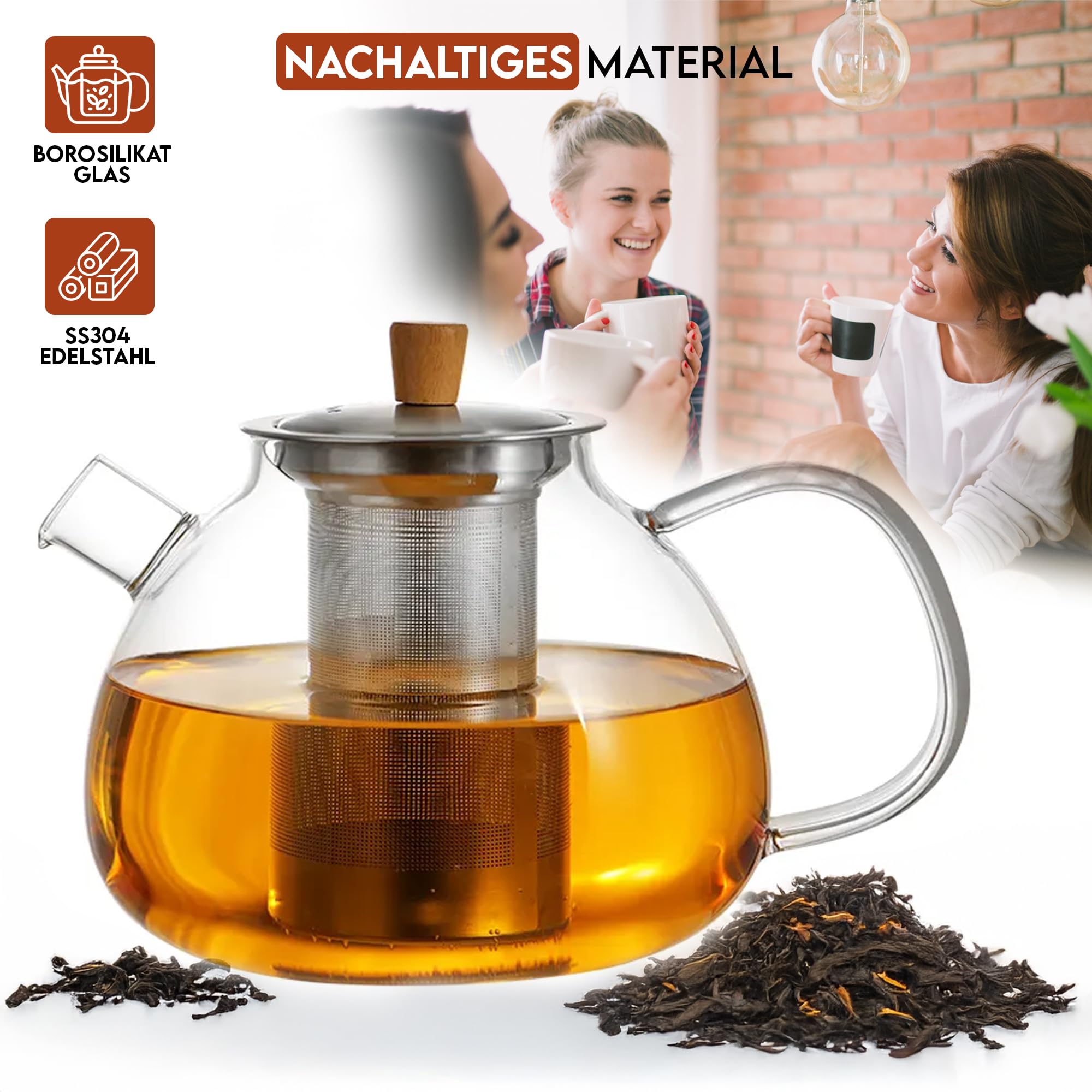 Teekanne aus Glas mit Edelstahl-Sieb Unterteller Dobin – 1,5 Liter – Borosilikatglas & Bambus Unterteller – Tropffrei, Hitzebeständig, Spülmaschinenfest (Teekanne)