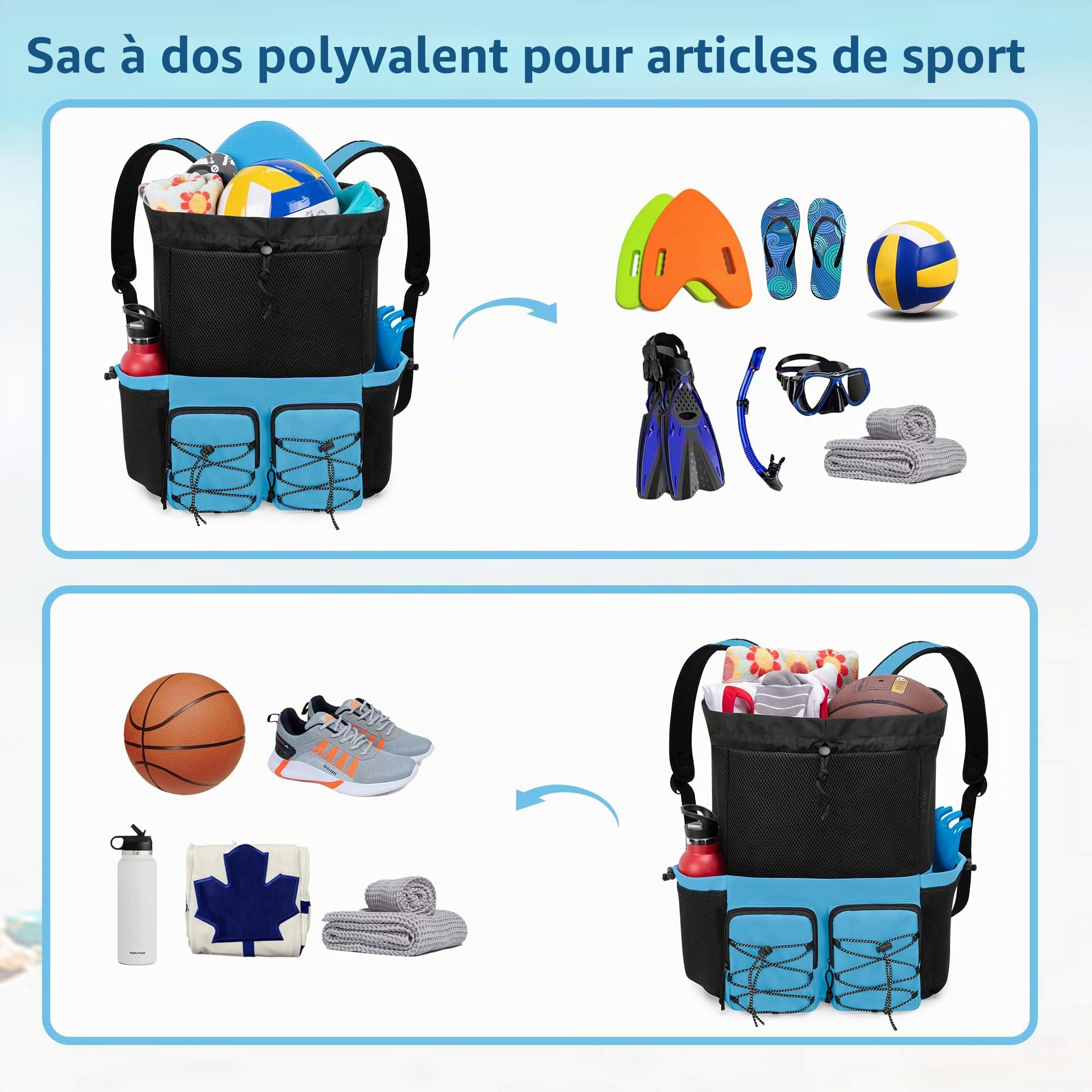 Fasrom Sac à Dos de Plage en Maille avec Poche Imperméable et Fond Zippé | Avec Séparation Humide et Sec, 2 Poches Devant Zippées, 1 Poches Filet et Mousquetons pour Voyage, Gym et Piscine