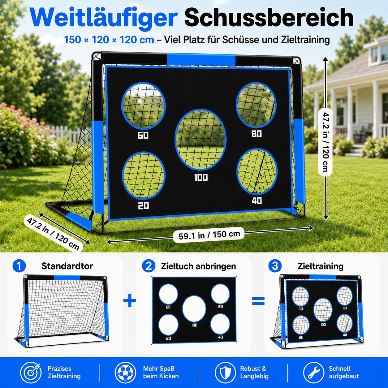 2-in-1 Fußballtor für Kinder, 150 * 120cm, Tragbares & Stabiles Fussballtore mit 5 Zielbereichen, 4 Erdanker und 1 Tragetasche, Stabil für Garten, Park, Strand