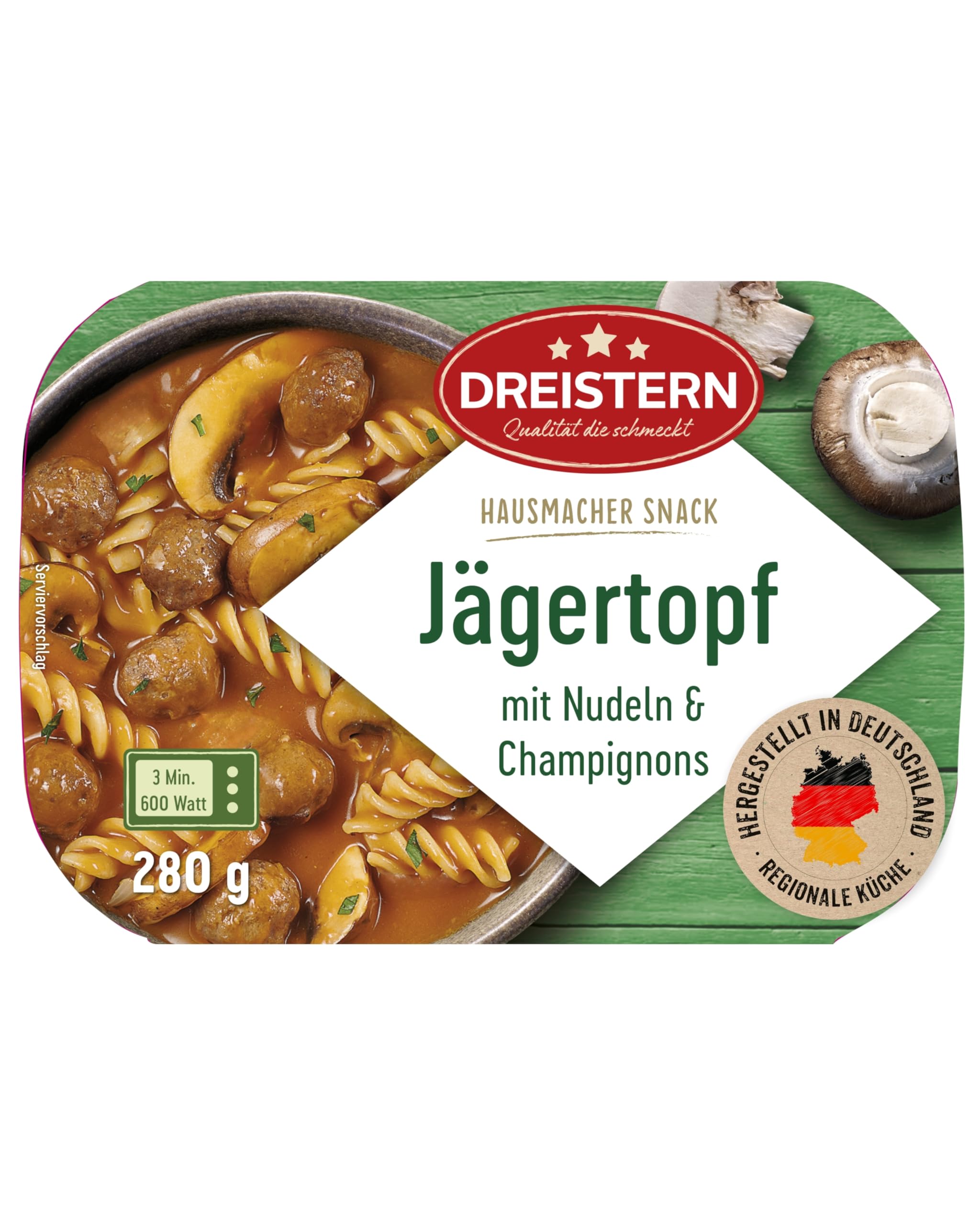 DREISTERN Jägertopf 280g I Mit Champignons & Nudeln I Herzhaftes Fertiggericht in Mikrowellenschale I Lange Haltbarkeit dank natürlicher Konservierung I Hausmacher Qualität