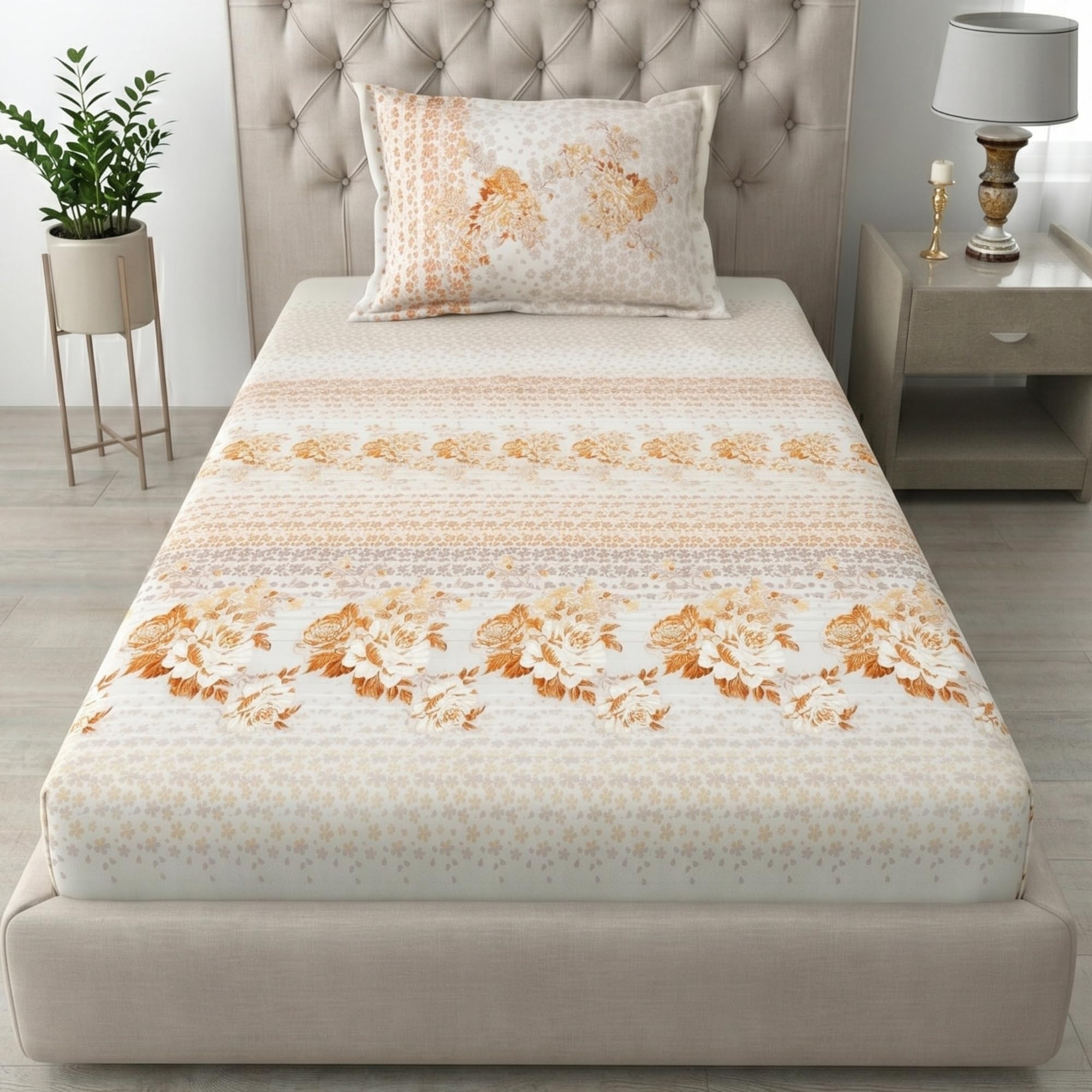Mafatlal King Size Bedsheet - Beige Blue Leaf Print -19
