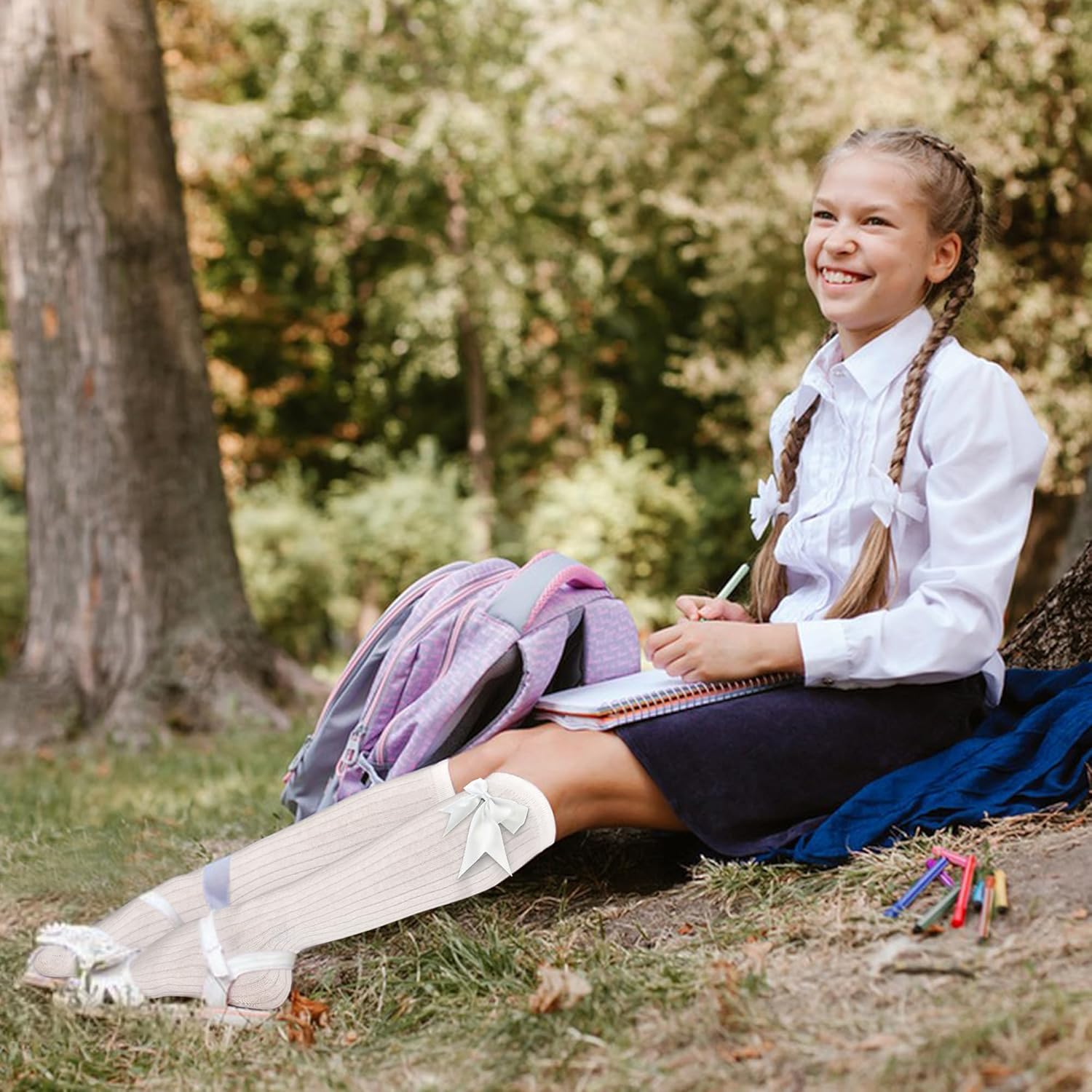 Girls Knee High Socks With Bows - Cotton School Uniform Long Socks for 4-12 Years, 2 Pairs - Image 6