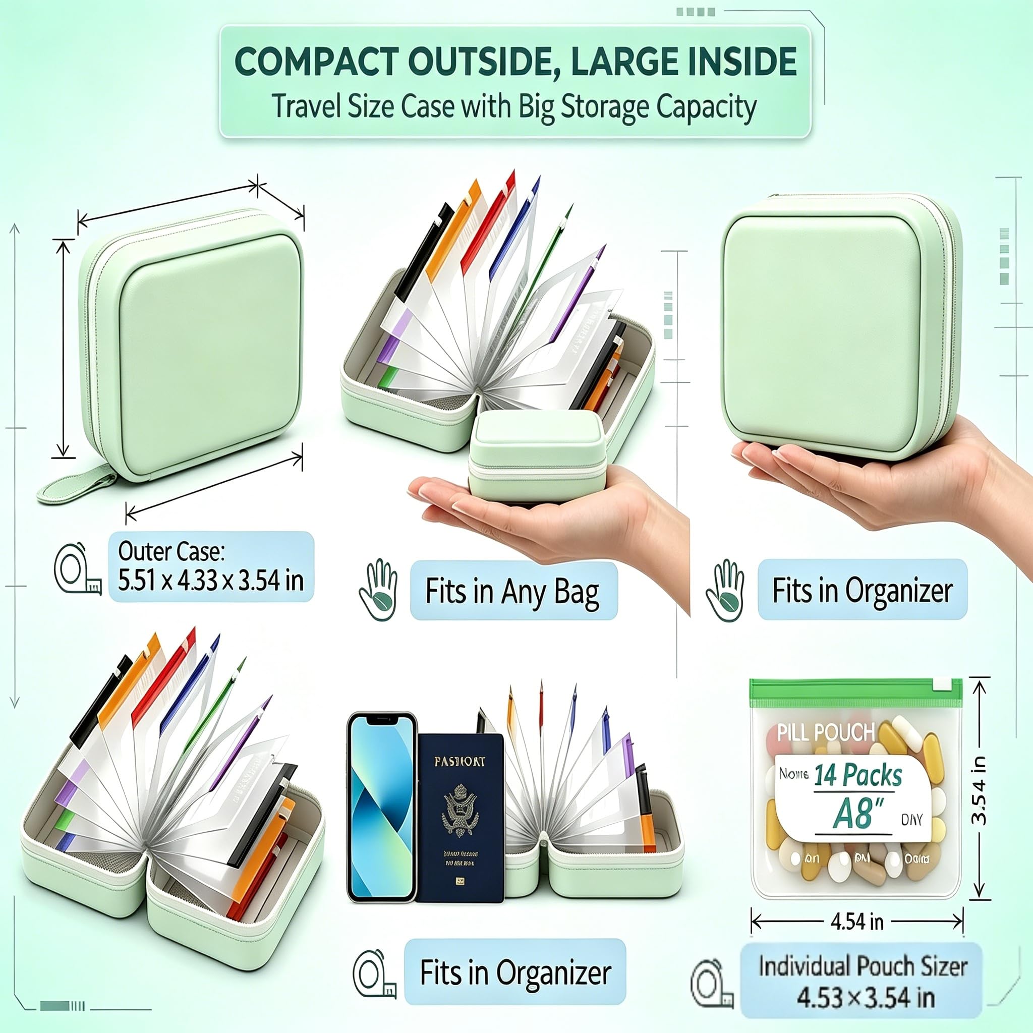 Ensemble de piluliers étanches A8 – Organiseur hebdomadaire étanche avec 14 pochettes à code couleur, organiseur de médicaments de voyage de style classeur pour vitamines, huiles de poisson (vert)