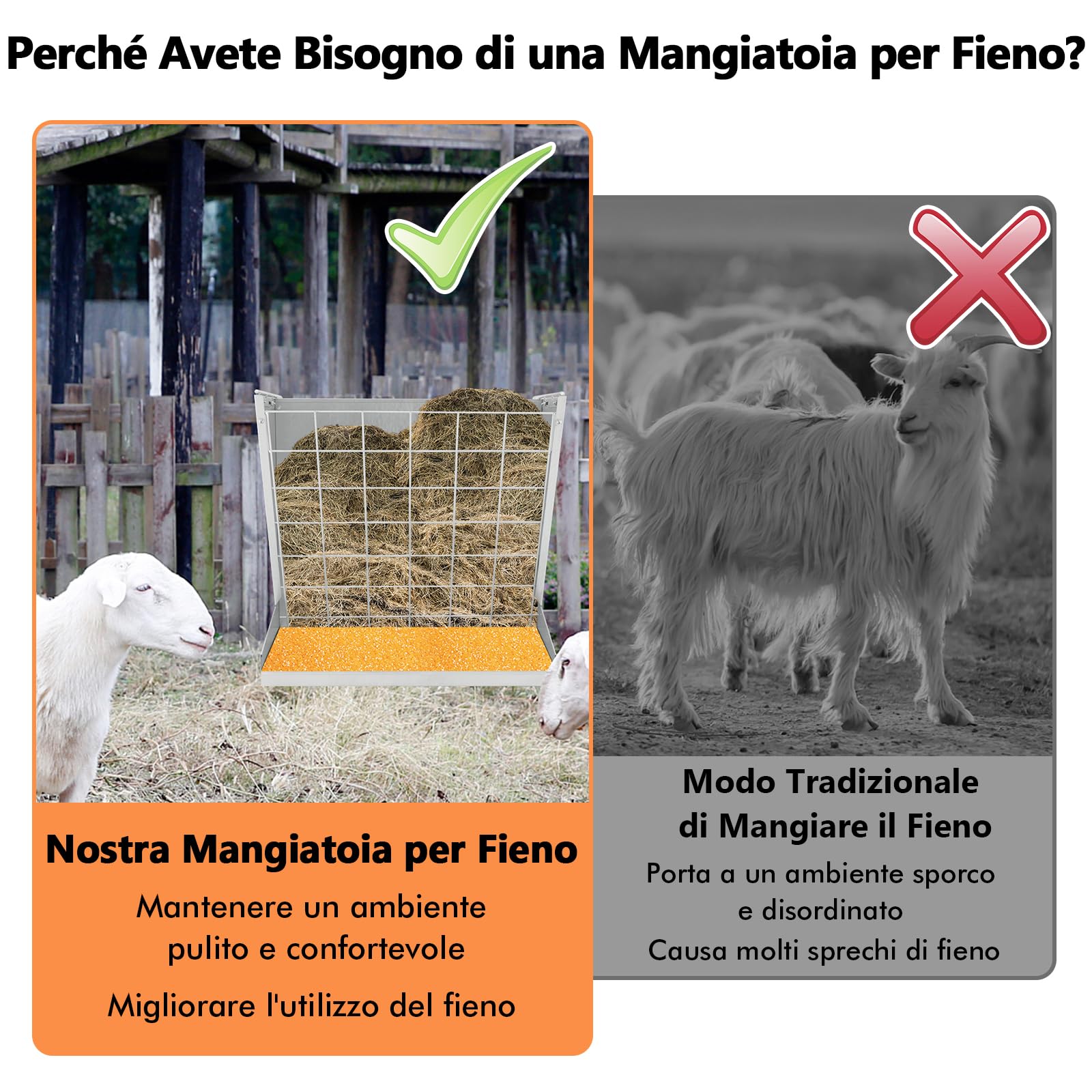 GYMAX Rastrelliera per Fieno da Parete, 2-in-1 Mangiatoia per Fieno e Grano con Ganci Doppi Regolabili, Foraggio in Metallo Zincato Pesante, Mangiatoia Sospesa per Recinto Stalla Fattoria