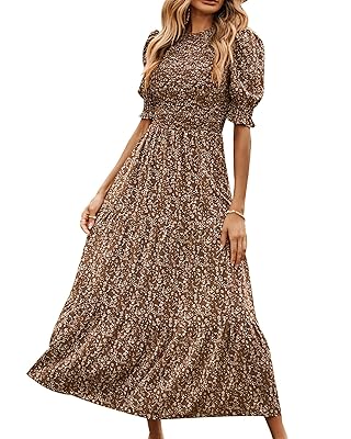 BTFBM Women Casual Summer Dresses 2026 Spring Crew Neck Ruffle Short Sleeve Smocked Floral Boho Flowy Maxi Dress Clothes