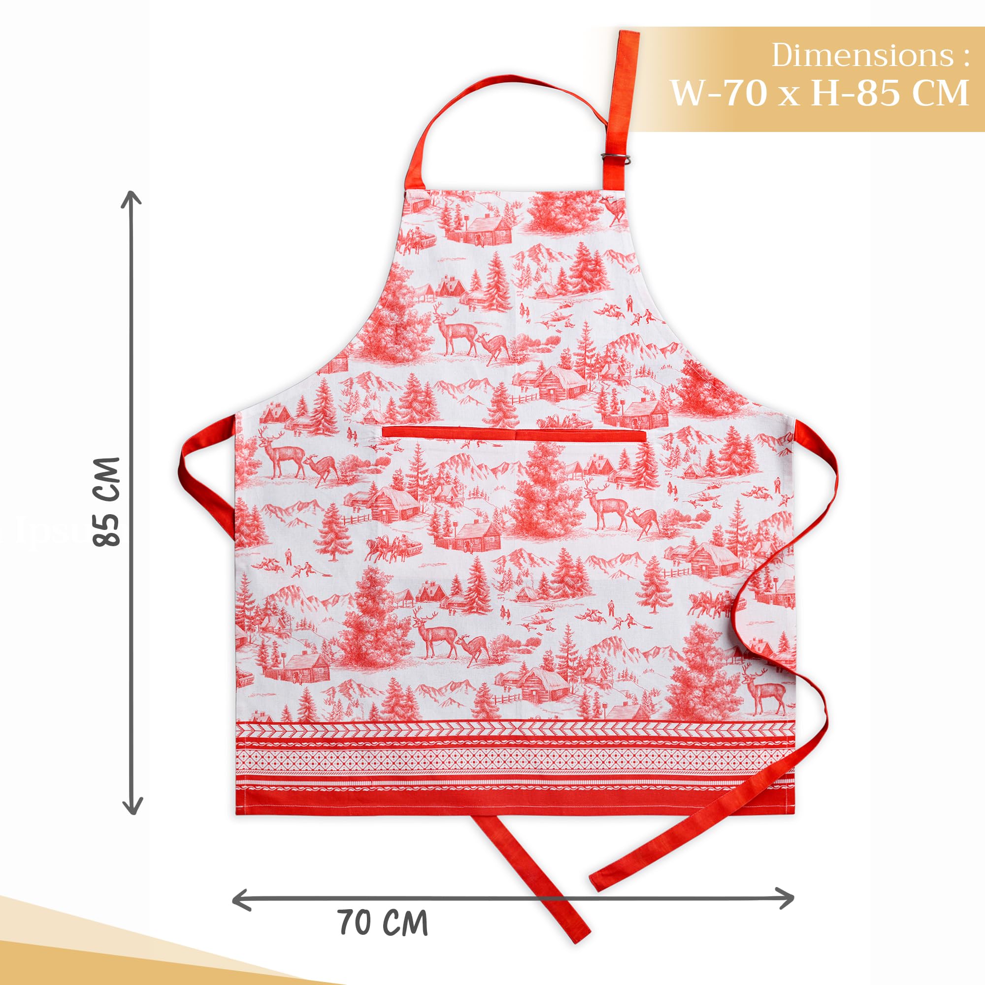 Maison d'Hermione - Delantal de cocina de 100% algodón con cuello ajustable y bolsillo central, corbatas largas para hombre y mujer, para cocinar, Acción de Gracias y Navidad, Winter Joui, 70 x 85 CM