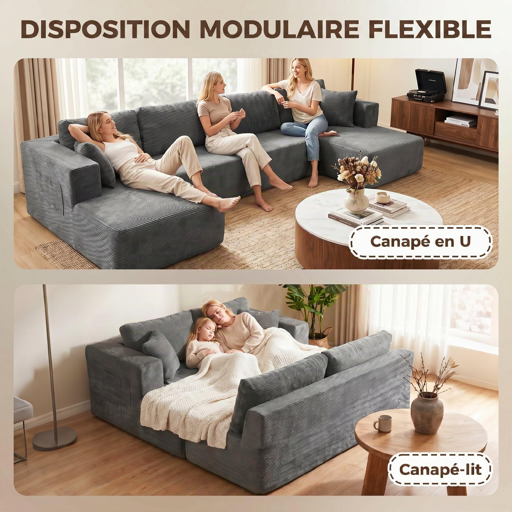 HOMCOM Canapé Modulaire en U Compressé 4 Places 2 Méridiennes Gris