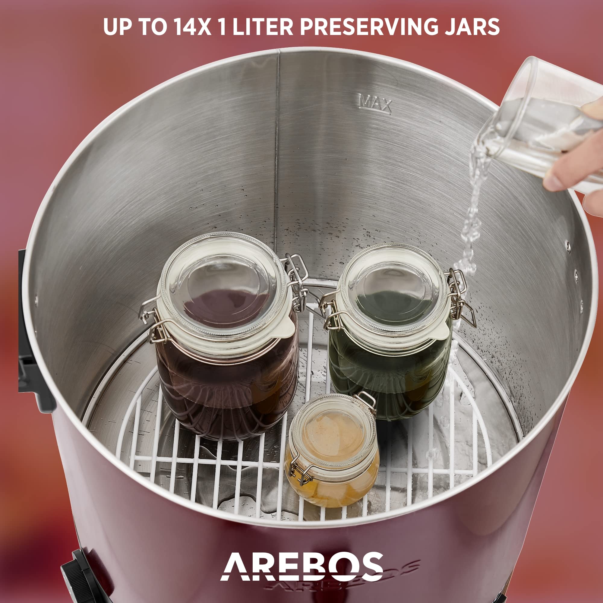 Arebos Cuocitore automatico per conserve 1800 W | Pentola per conserve 28 L | con timer, termostato e protezione da surriscaldamento | regolabile in continuo 30-110°C | Cuocitore per vin brulé | Rosso