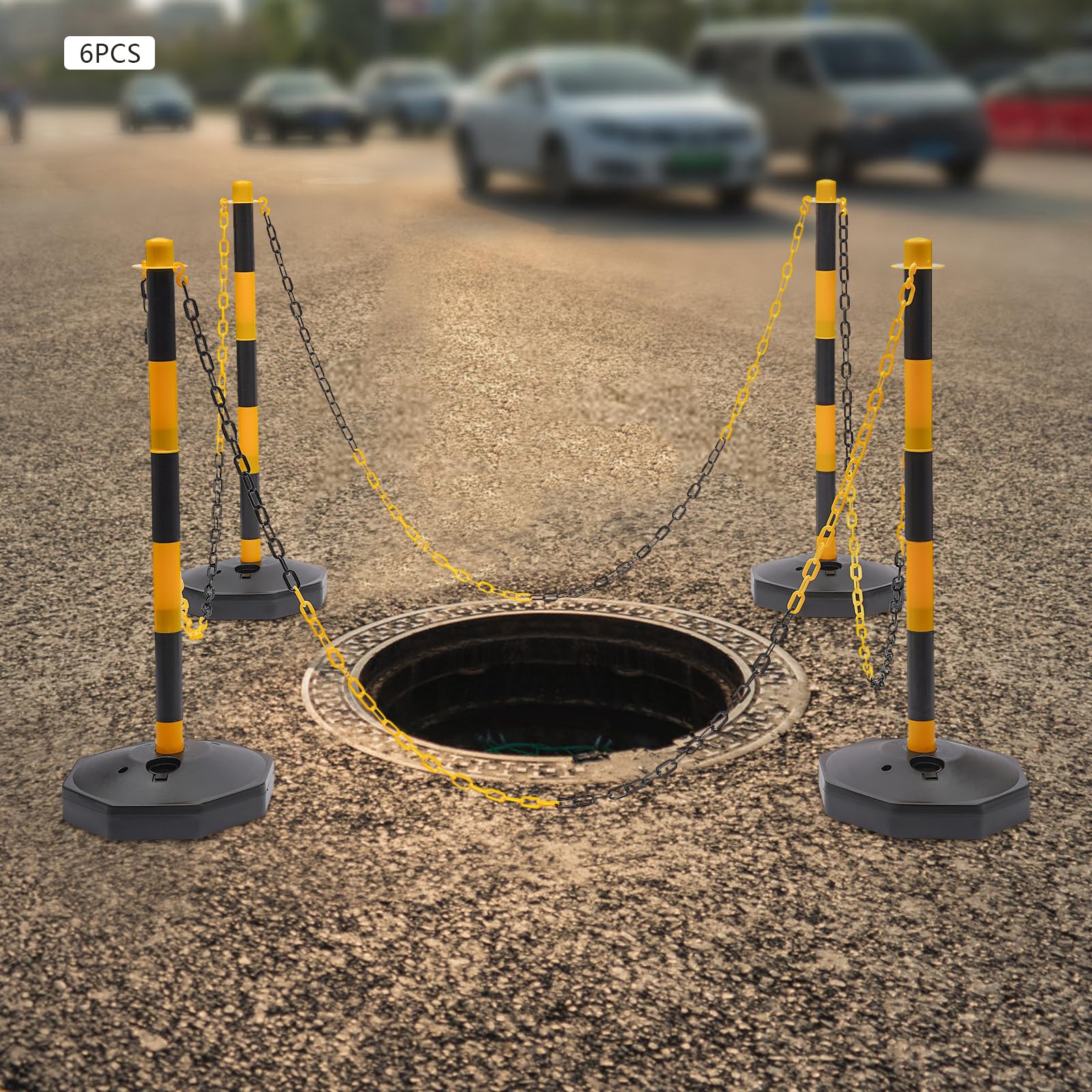 6 postes de barrera, postes de cadena, postes guía ajustables con base rellenable, 85 cm de alto, postes de aparcamiento portátiles con cadenas, bolardo de plástico amarillo para aparcamientos, obras