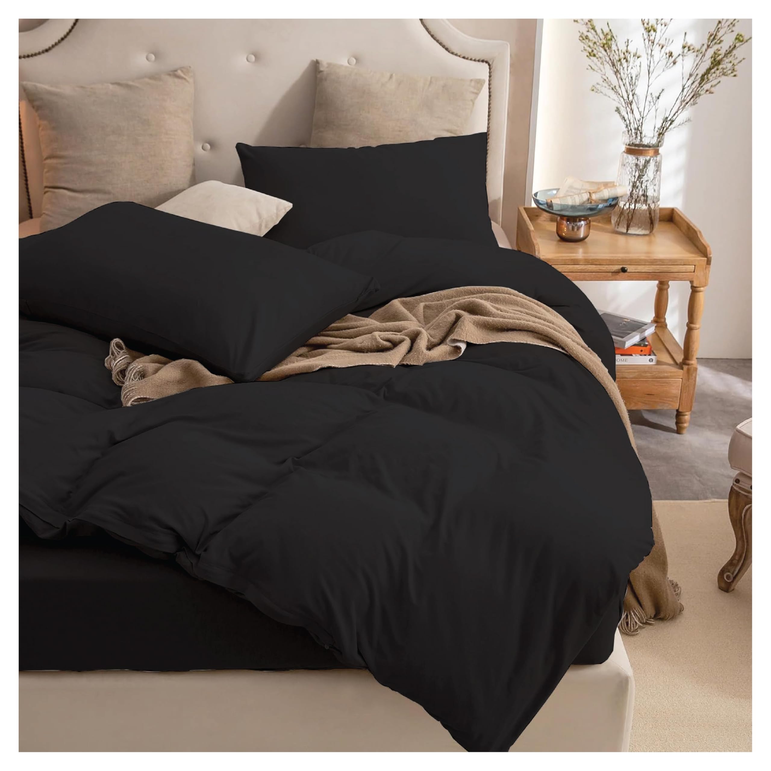 EV Dekor Duvet Cover Microfibre Bedding with Pillowcase (Black-Double)