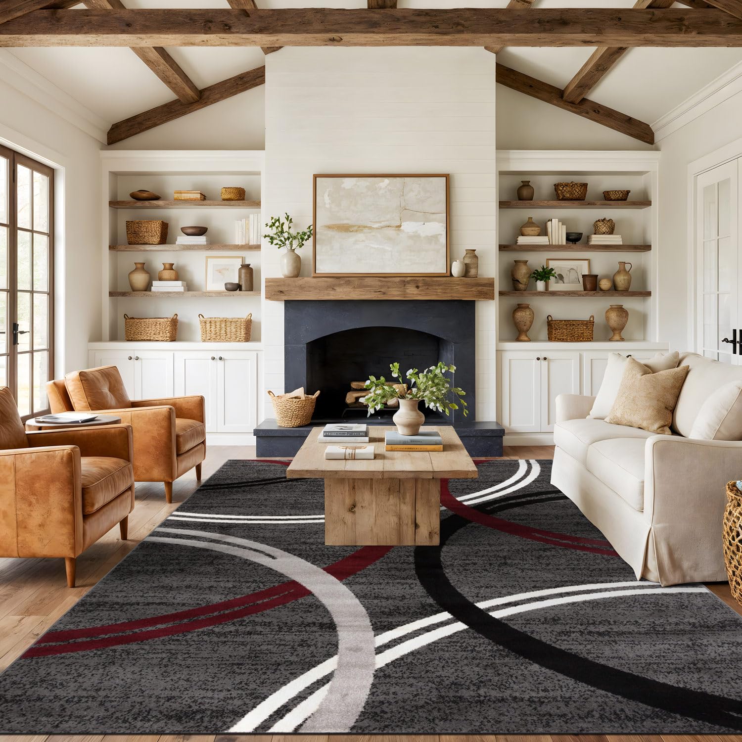 Rugshop Modern Wavy Circles Design Non-Shedding Area Rug, Carpet for Living Room, Dining Room, or Office,Grand Room,Open Spaces Red, 12' x 15'