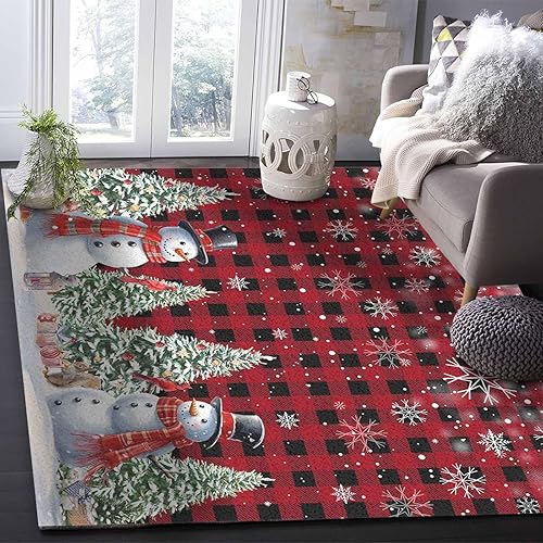 Miniatura 6 de Alfombra de área de muñeco de nieve de Navidad, árbol de Navidad, copos de nieve, rojo y negro, a cuadros, antideslizante, lavable, alfombra para