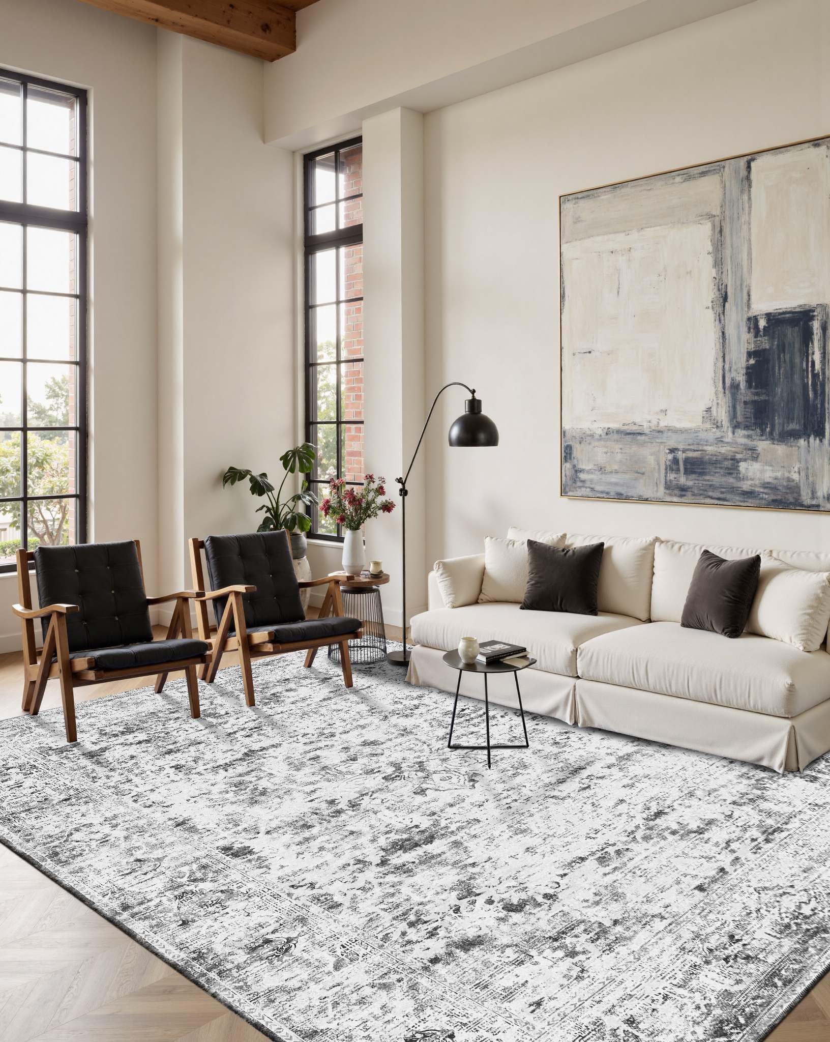 area rugs 5x7, washable grey rugs for living room, bedroom, vintage boho indoor soft carpet for dining room, low pile rugs for office, farmhouse