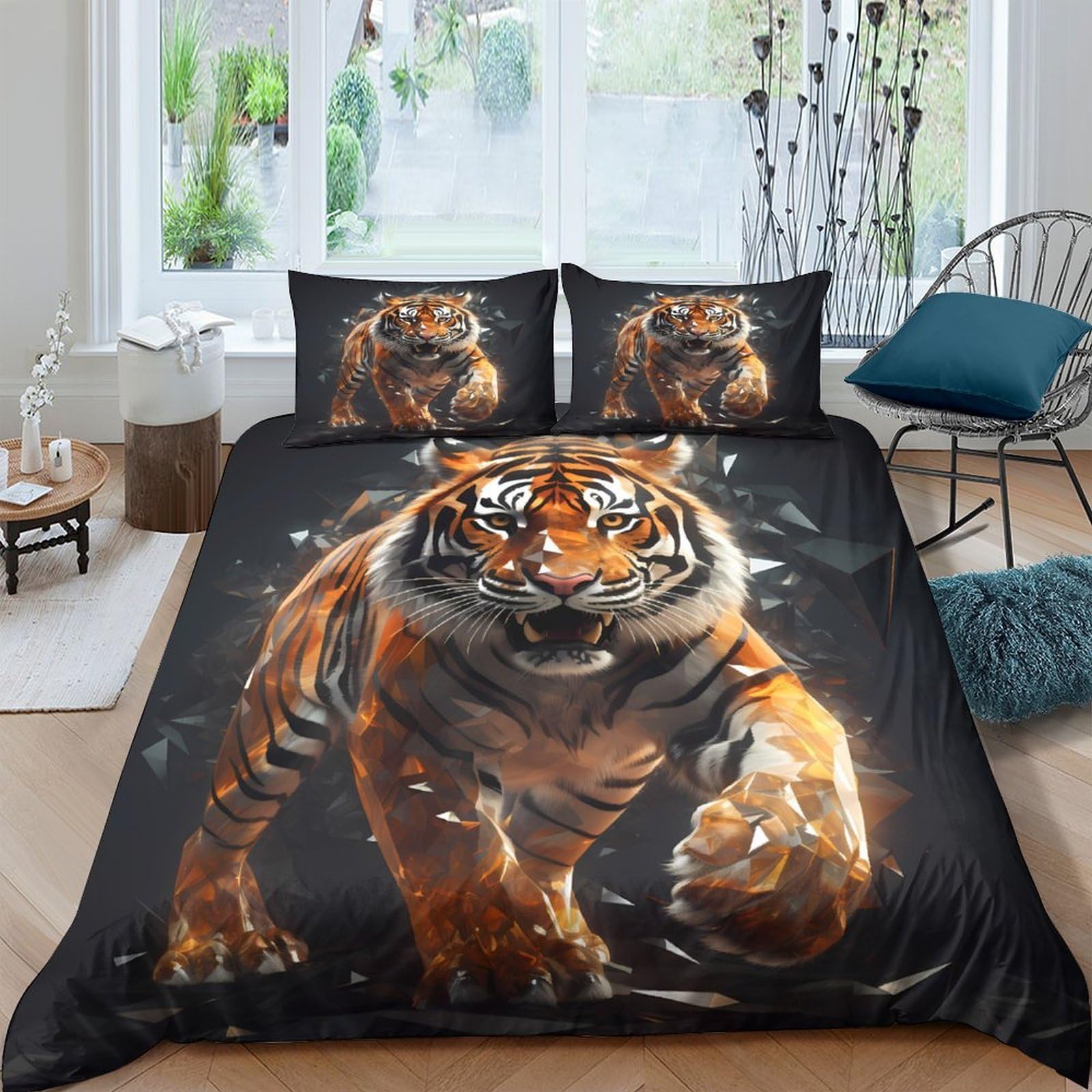 GPLZQXKJNH 3D Printed Tiger Animal Duvet Cover Microfiber Soft Breathable Wild Jungle Bedding Set with 2 Pillowcases for Bedroom Decor Single（135x200cm）