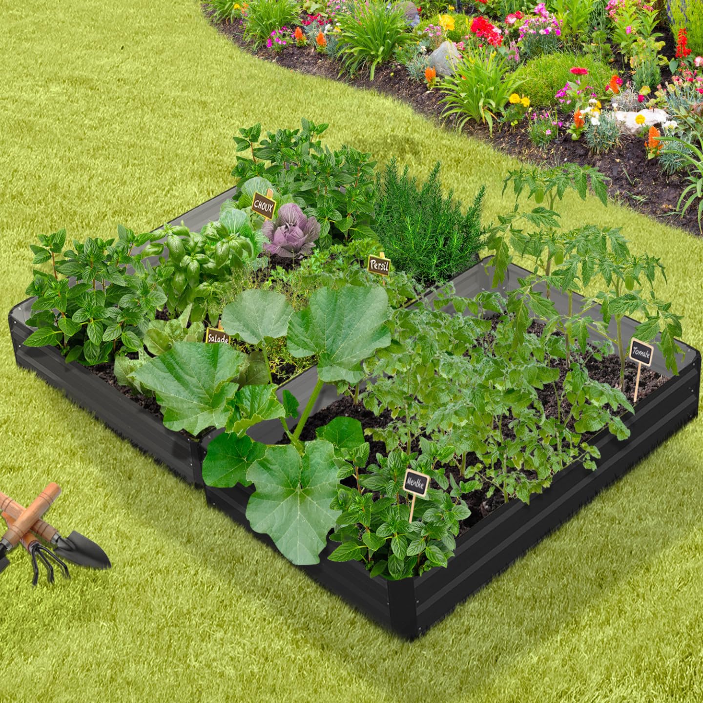 IDMarket - Lot de 2 carrés Potager en métal châssis rectangulaire 80x115 cm Gris Anthracite