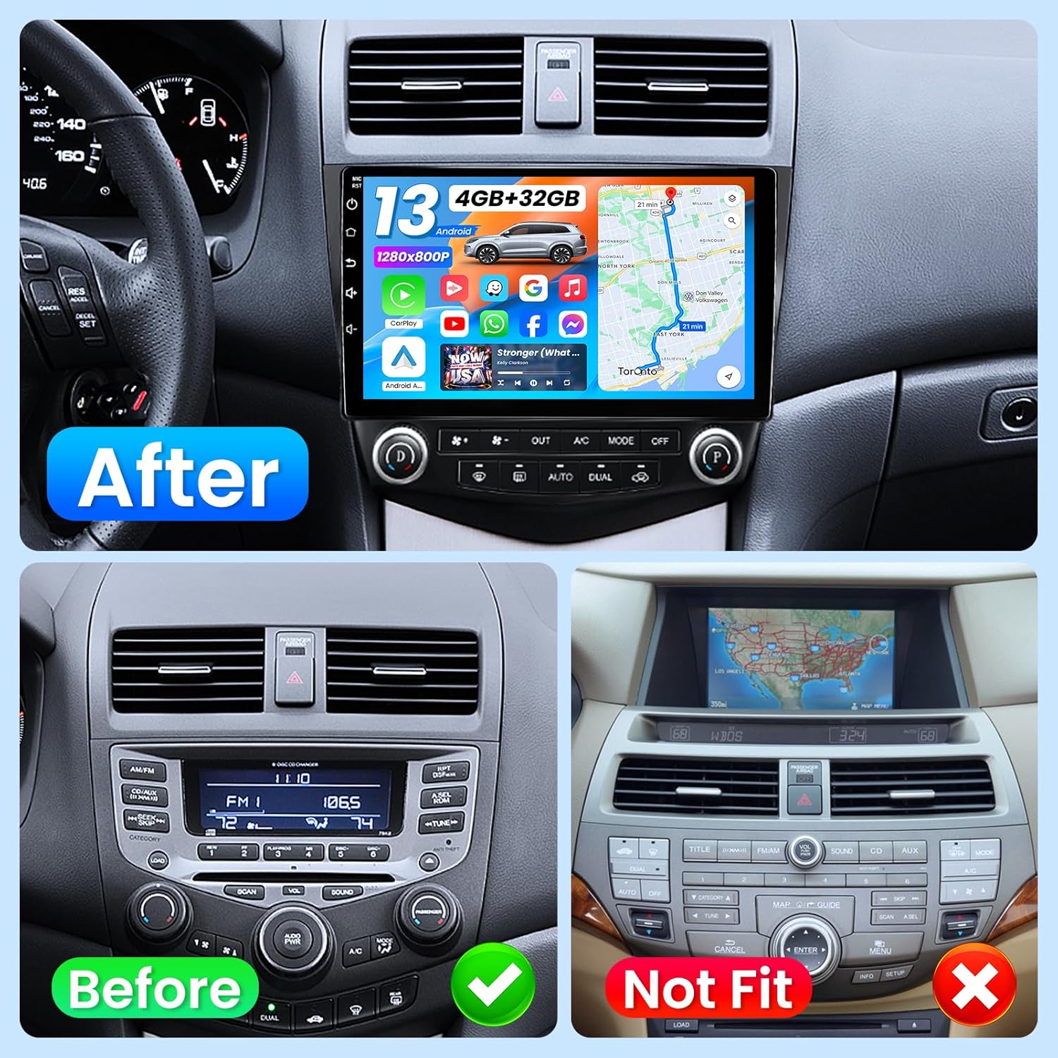 Comparison image showing a Honda Accord dashboard before and after installing the Fortdows car stereo. Also shows an incompatible older navigation system.