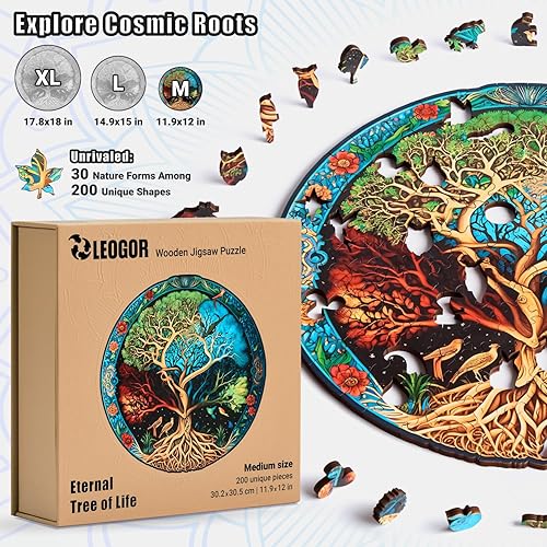 Miniatura 6 de LEOGOR Rompecabezas de madera de mandala de árbol de la vida, rompecabezas de madera de 200 piezas para adultos y niños, diseño redondo inspirado en