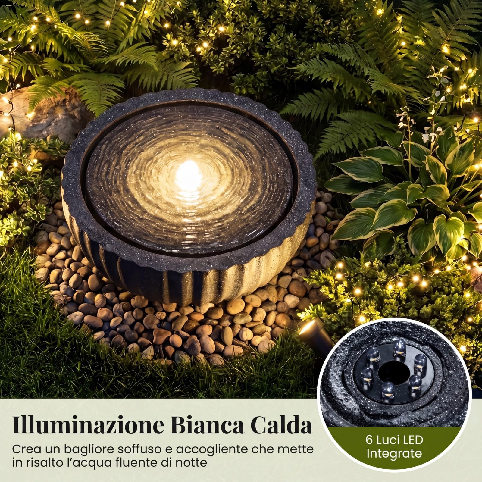 COSTWAY Fontana da Giardino, Fontanella Elettrica da Interno ed Esterno con Luci e Flusso d'Acqua Regolabile, Fontana a Forma di Ciotola con Effetto di Pietra da Terrazza e Balcone