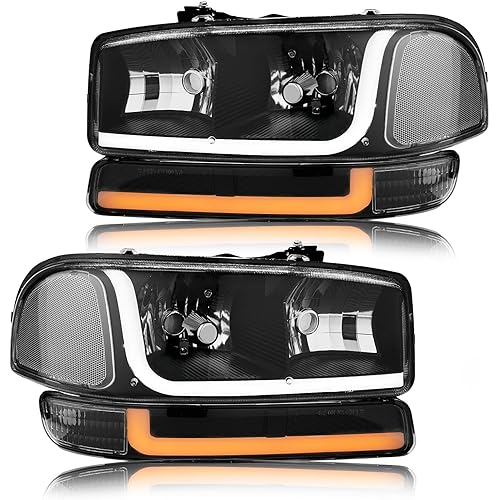 LED DRL Headlight, Headlights Assembly Kit Compatible with 1999-2007 GMC Sierra/1999-2006 Yukon Replacement Headlamp Black Housing Clear Reflector