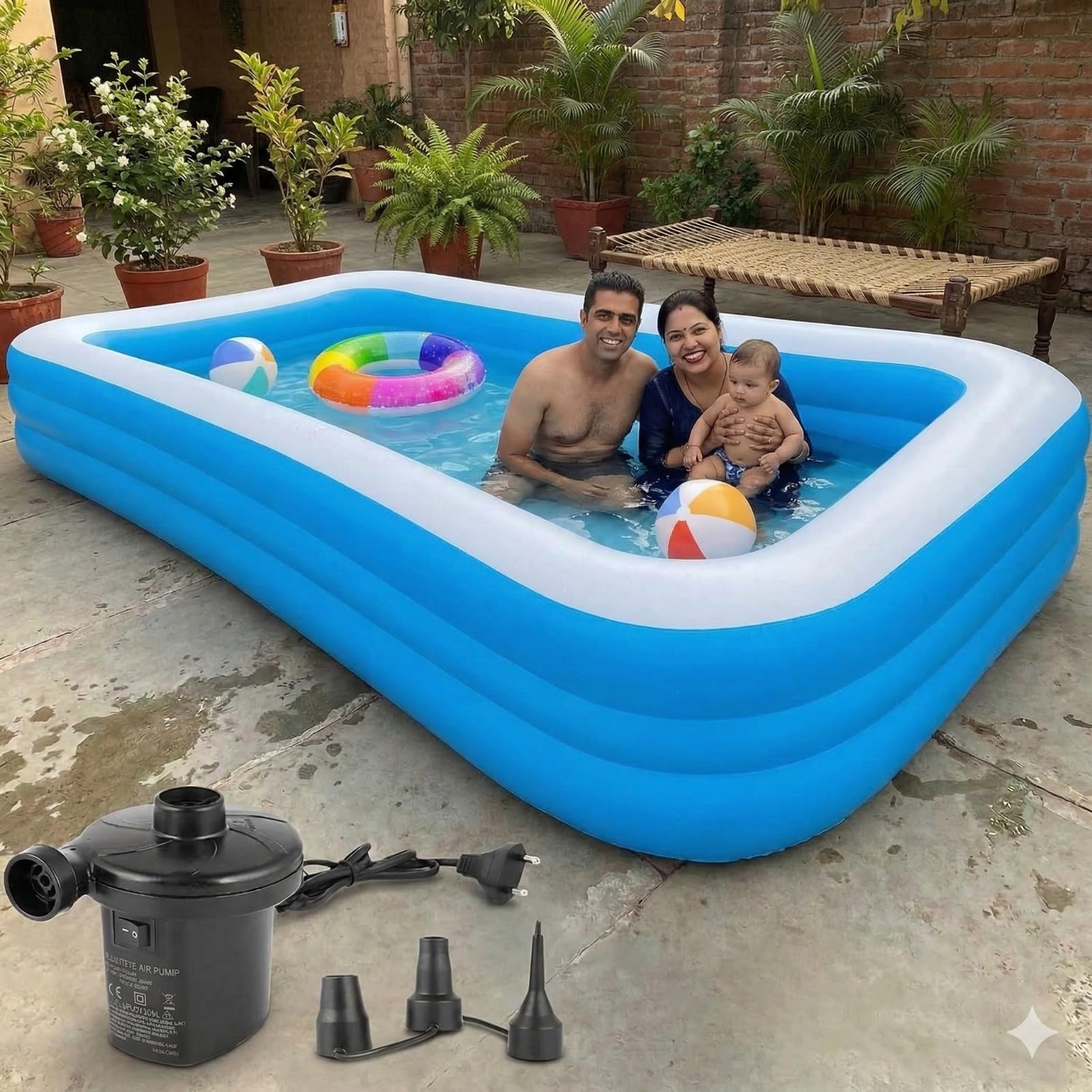 Pivalo 10 Feet Rectangular Inflatable Pool with Electric Pump Full-Sized Swimming with Family Bathtub for Kids Adults Outdoor Backyard Garden Summer Party (Blue)-picture-35